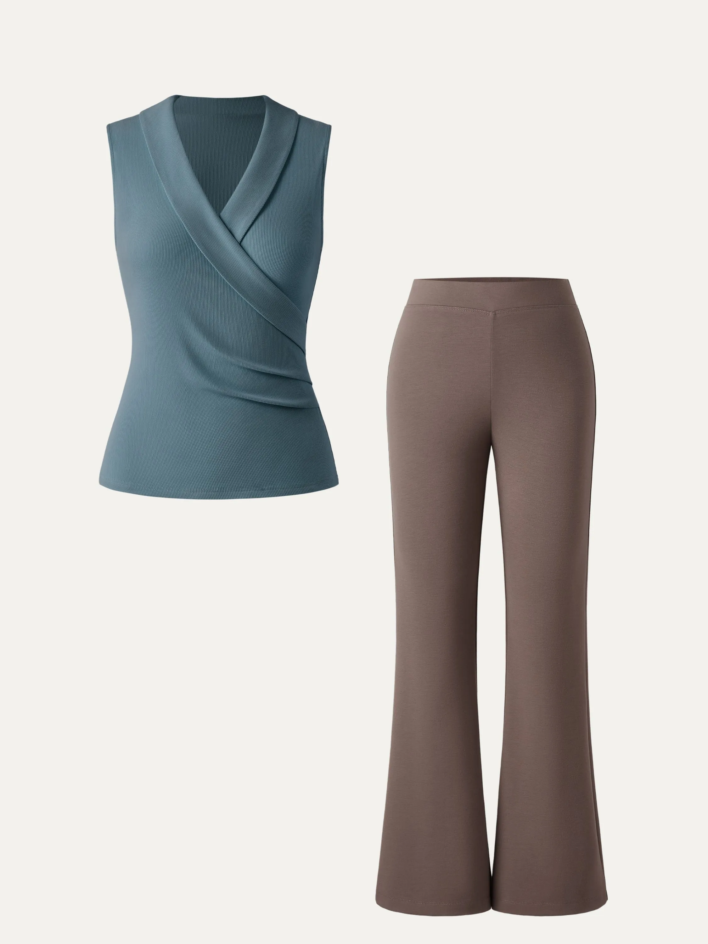 2Pcs Set Collared Surplice Tank & Mid Rise Pull-on Flared Pant sold by ogl move product image thumbnail 2