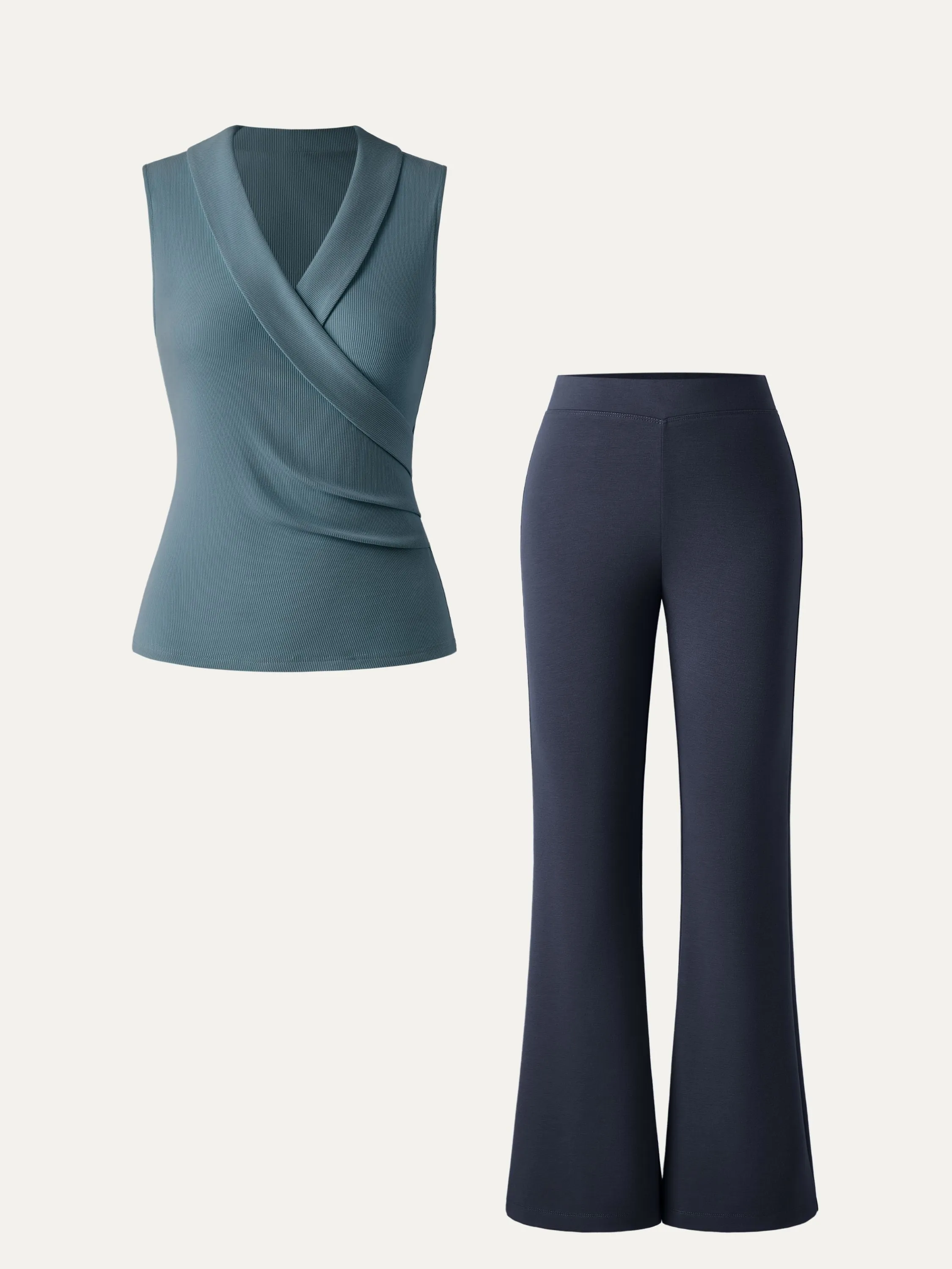 2Pcs Set Collared Surplice Tank & Mid Rise Pull-on Flared Pant sold by ogl move product image thumbnail 2