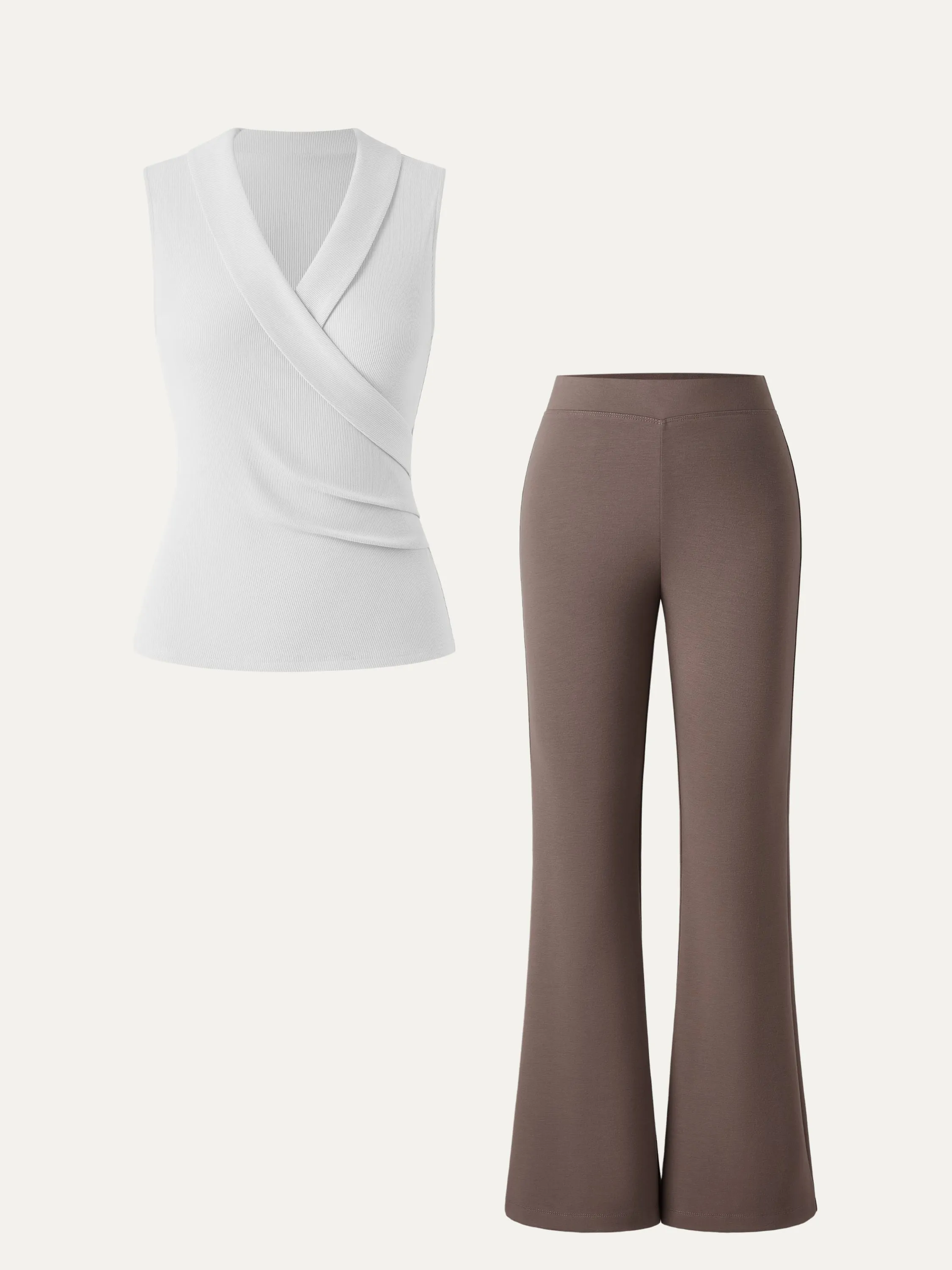 2Pcs Set Collared Surplice Tank & Mid Rise Pull-on Flared Pant sold by ogl move product image thumbnail 4