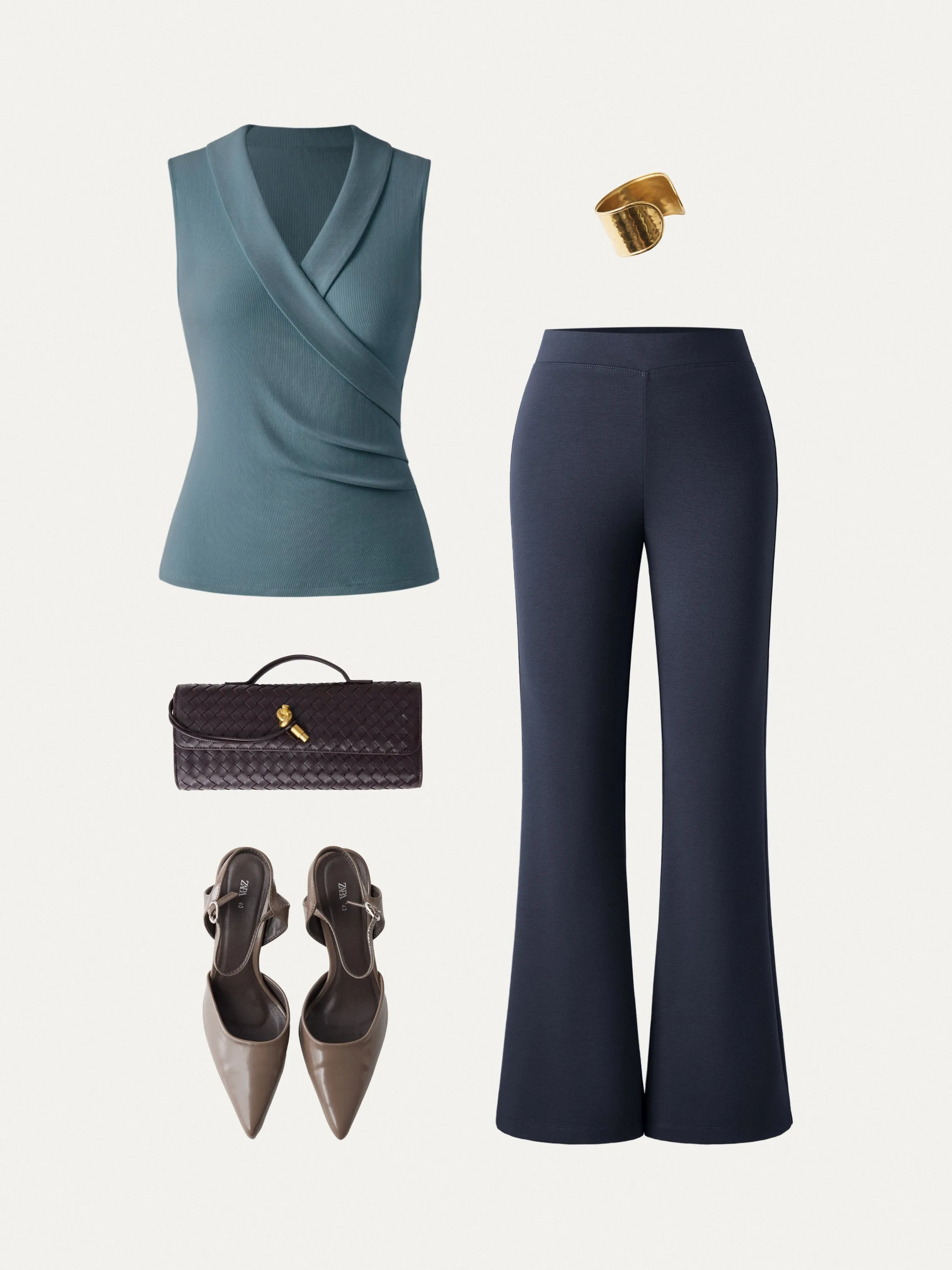 2Pcs Set Collared Surplice Tank & Mid Rise Pull-on Flared Pant sold by ogl move