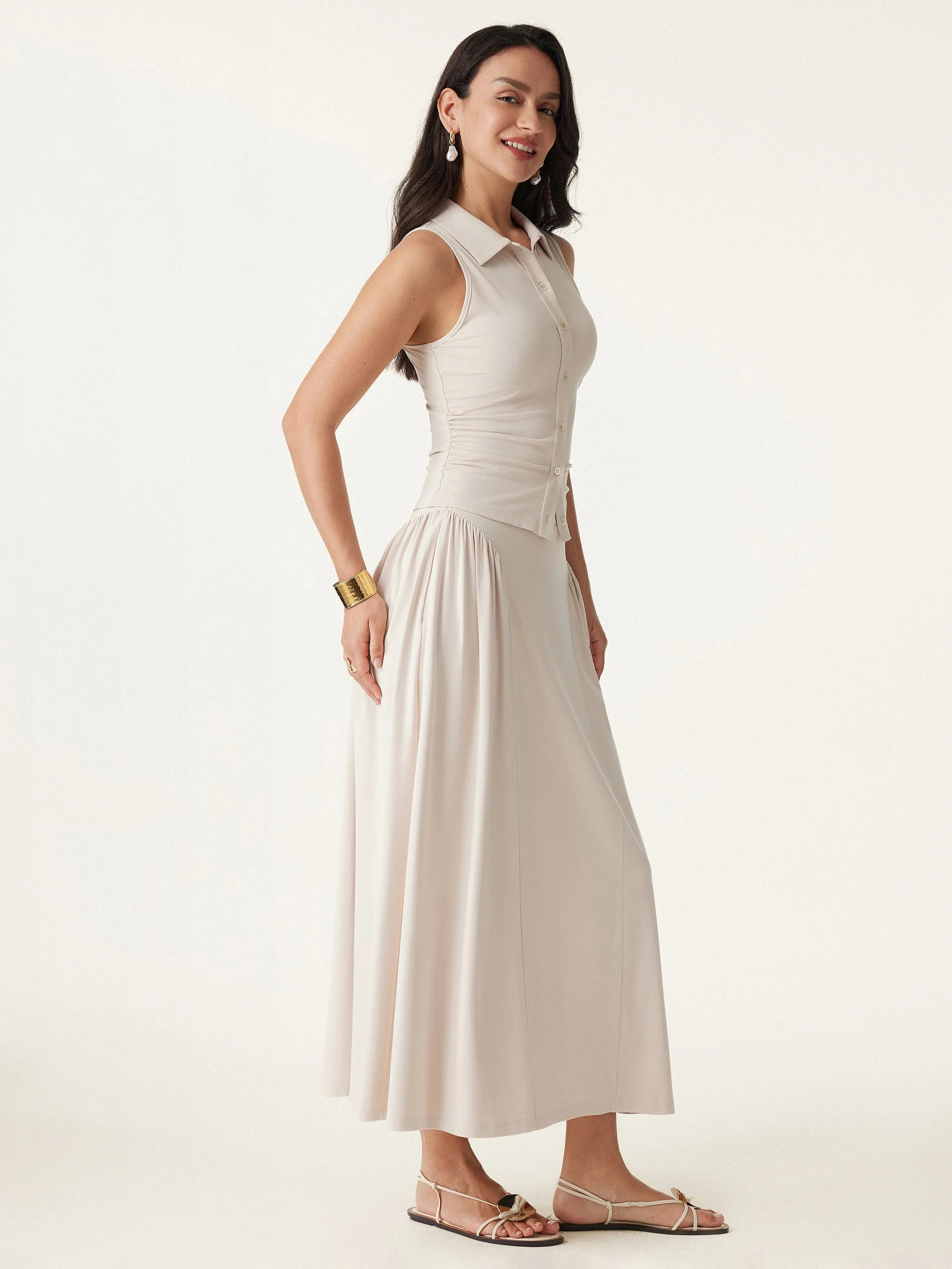 2Pcs Set Faux Button Placket Shirt Tank & Flared Midi Skirt with Pockets sold by ogl move product image thumbnail 5