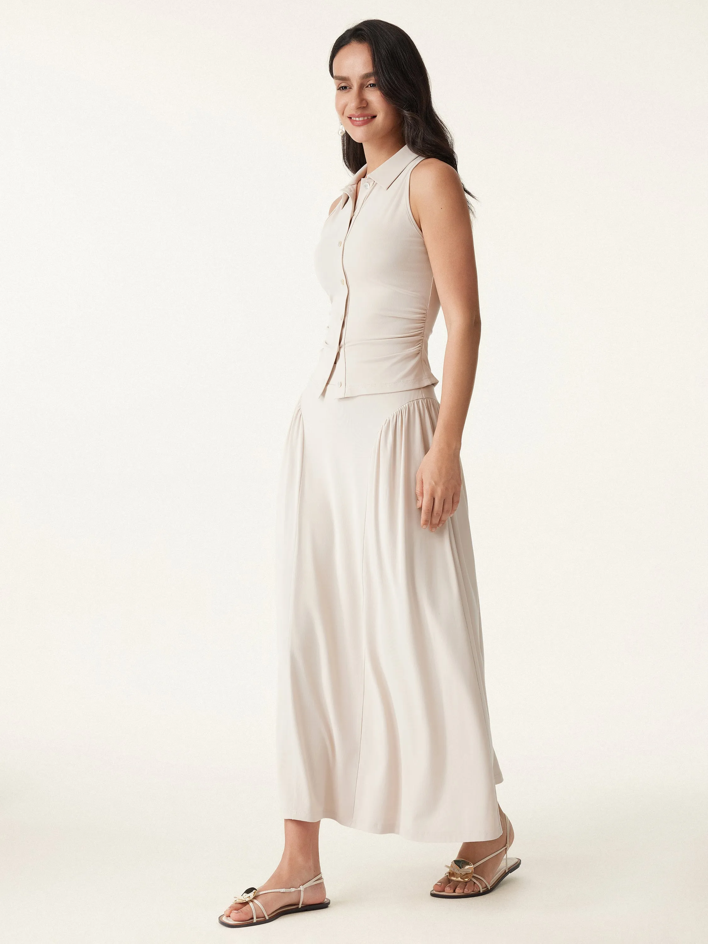 2Pcs Set Faux Button Placket Shirt Tank & Flared Midi Skirt with Pockets sold by ogl move product image thumbnail 4