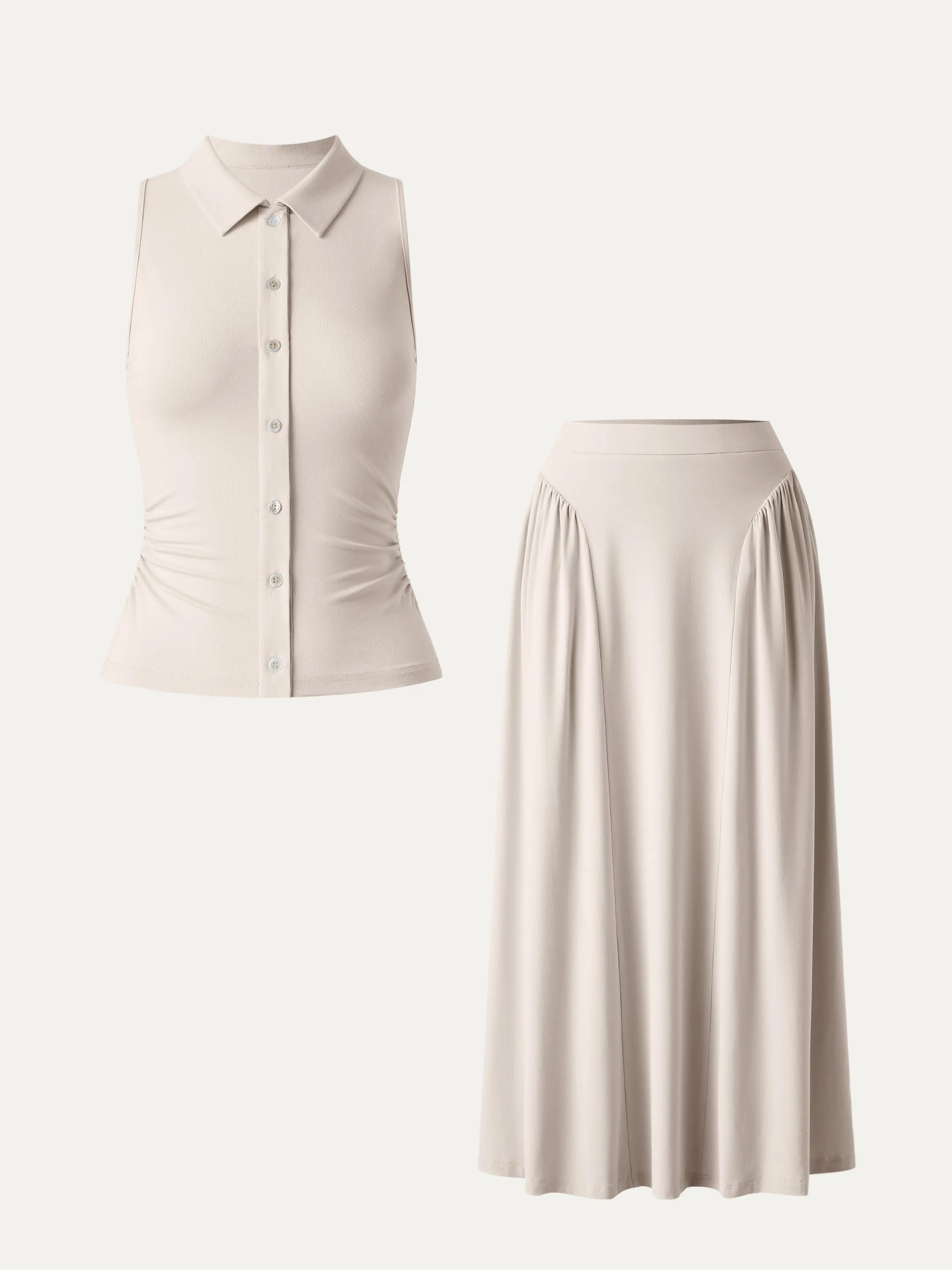 2Pcs Set Faux Button Placket Shirt Tank & Flared Midi Skirt with Pockets sold by ogl move product image thumbnail 2