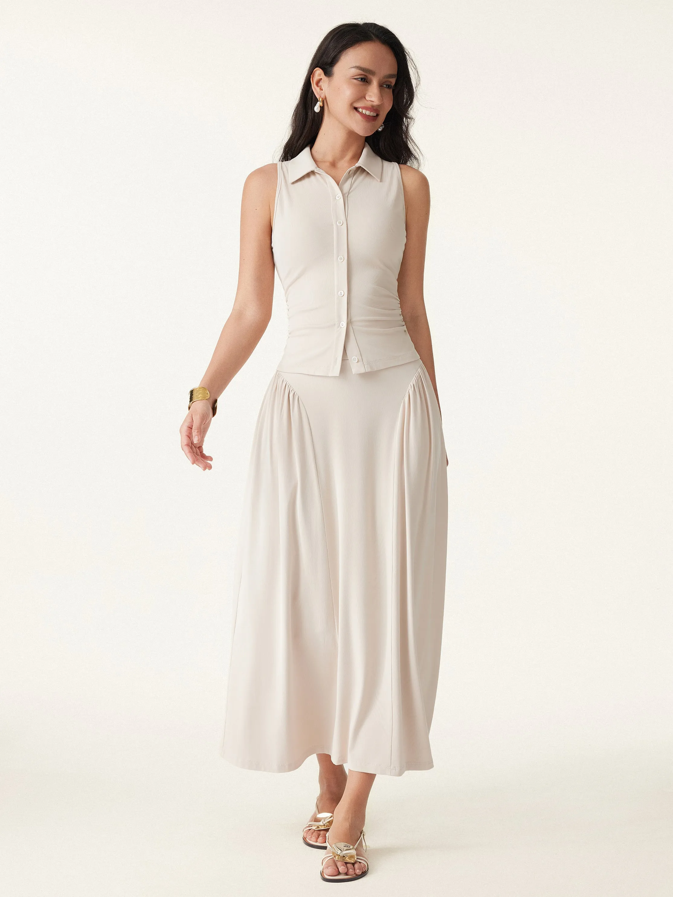 2Pcs Set Faux Button Placket Shirt Tank & Flared Midi Skirt with Pockets sold by ogl move