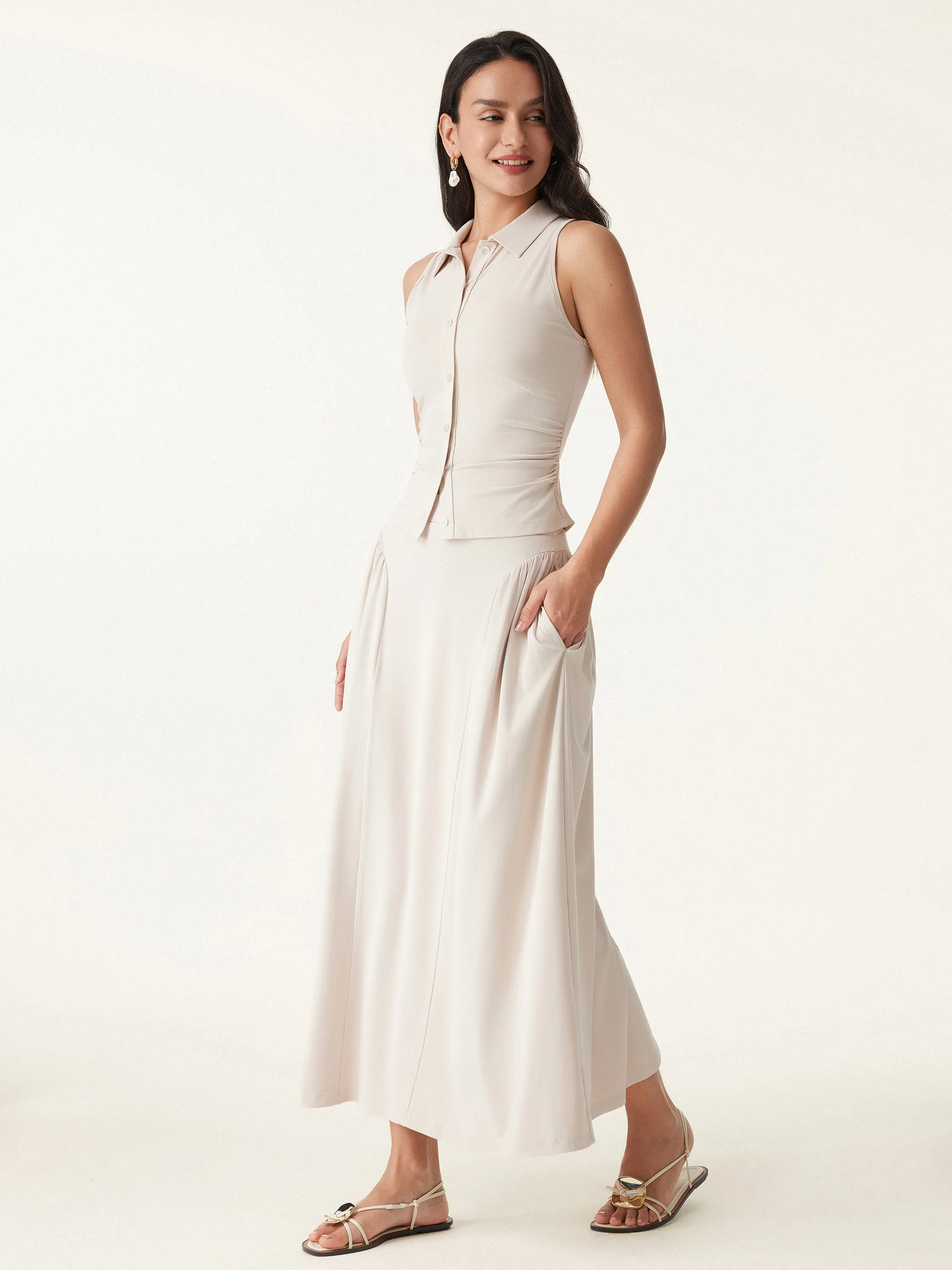 2Pcs Set Faux Button Placket Shirt Tank & Flared Midi Skirt with Pockets sold by ogl move product image thumbnail 3