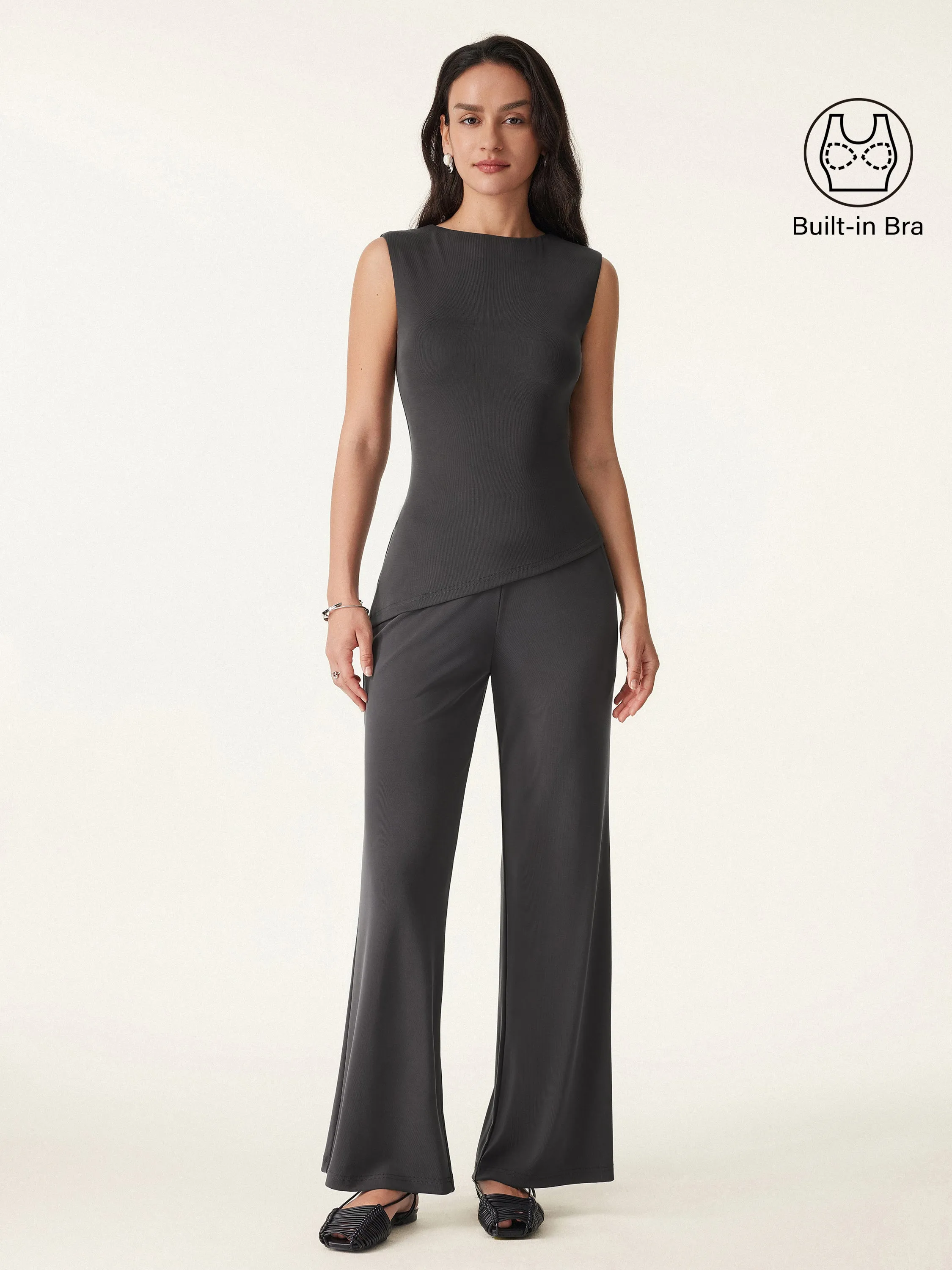 2Pcs Set Asymmetrical Hem Tank & Wide Leg Pull-on Pant with Pockets sold by ogl move