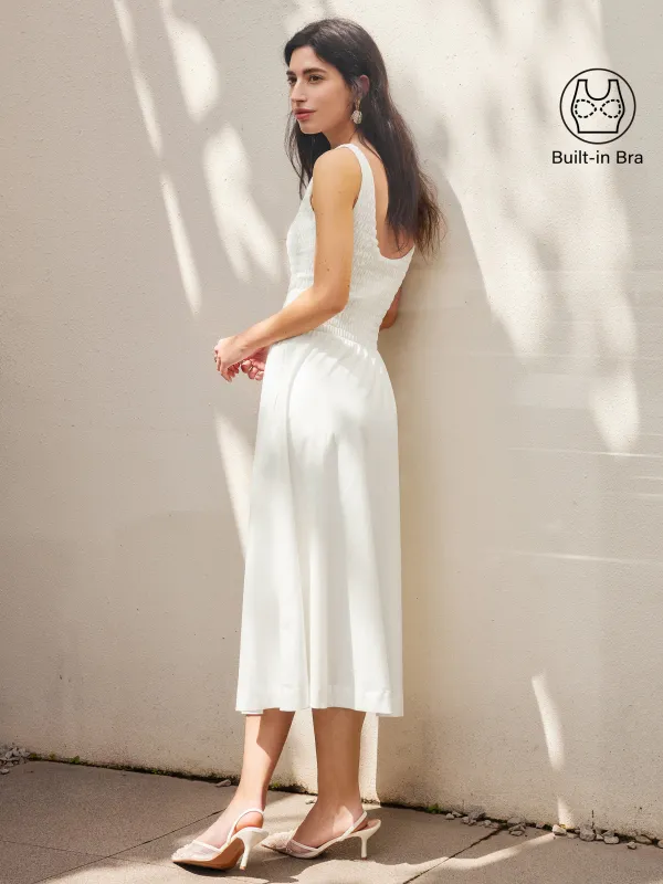 Boatneck Smocked Open Back Flared Midi Brami Dress sold by ogl move