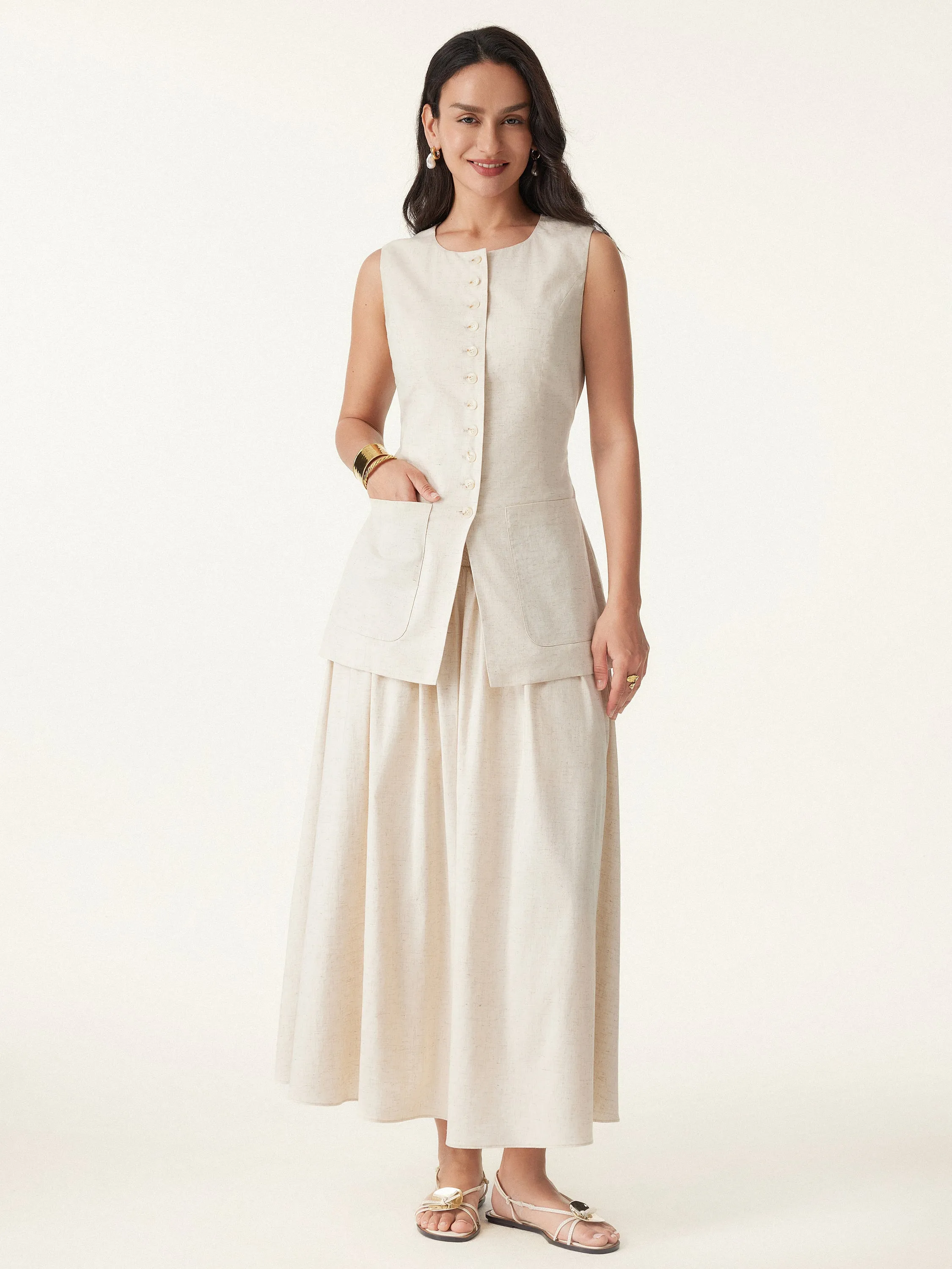 2Pcs Set Crewneck Long Waistcoat & Smocked Waist Skirt with Pockets sold by ogl move product image thumbnail 4