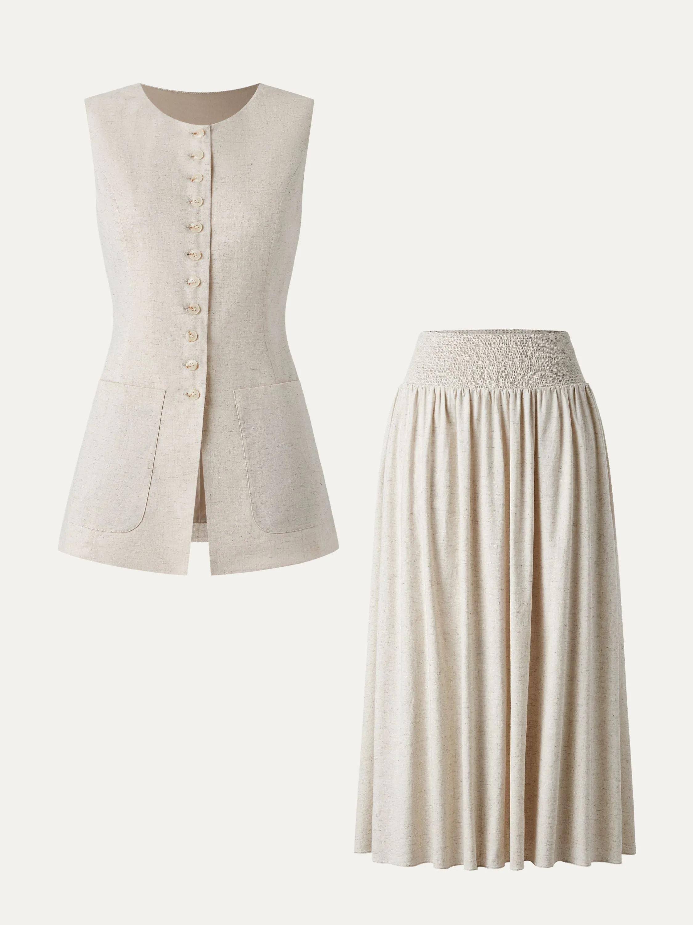 2Pcs Set Crewneck Long Waistcoat & Smocked Waist Skirt with Pockets sold by ogl move product image thumbnail 3