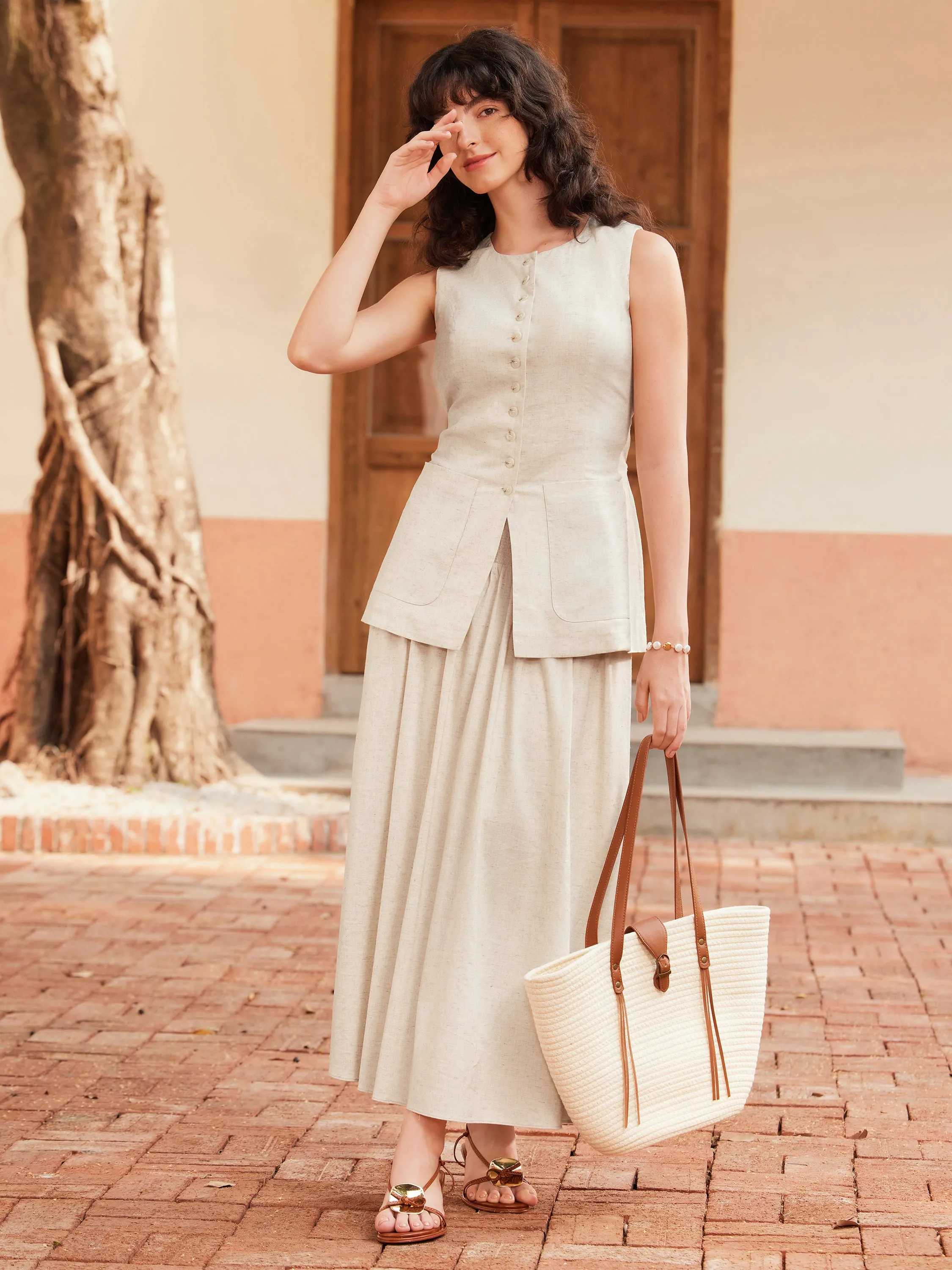 2Pcs Set Crewneck Long Waistcoat & Smocked Waist Skirt with Pockets sold by ogl move