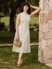 European Linen Waist-cinch Boatneck Button-up Midi Dress with Pockets sold by ogl move