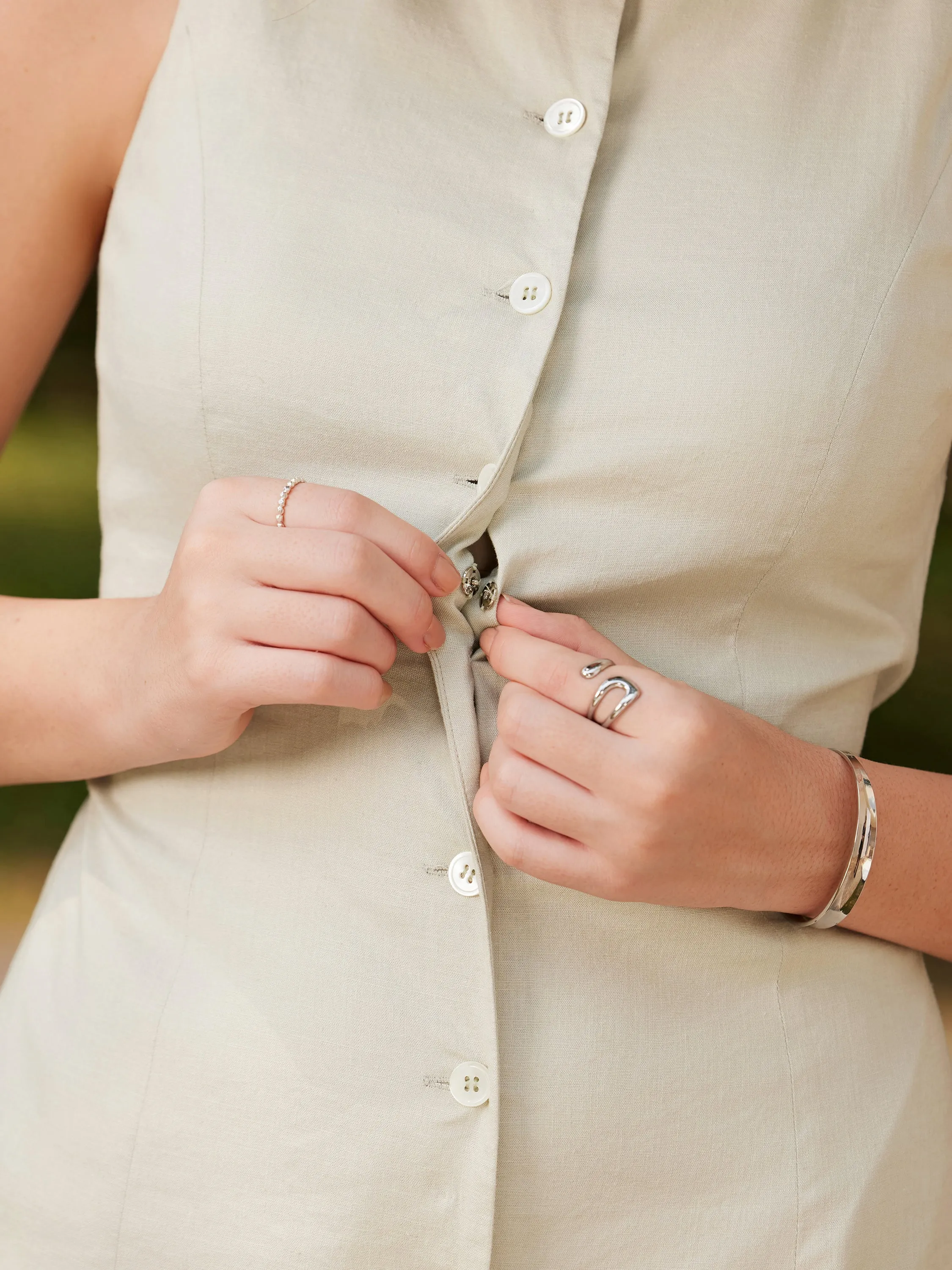 European Linen Waist-cinch Boatneck Button-up Midi Dress with Pockets sold by ogl move product image thumbnail 4