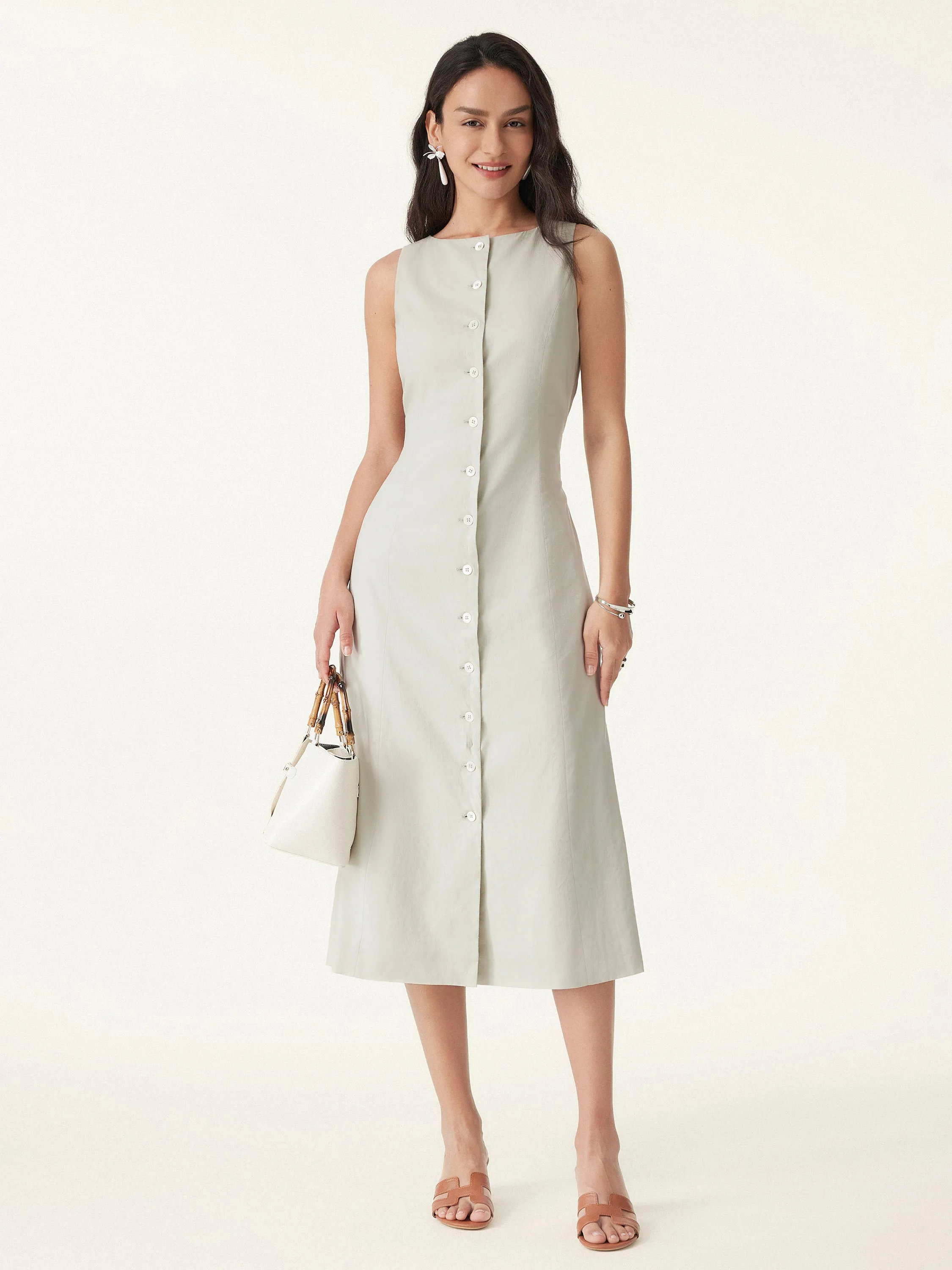 European Linen Waist-cinch Boatneck Button-up Midi Dress with Pockets sold by ogl move