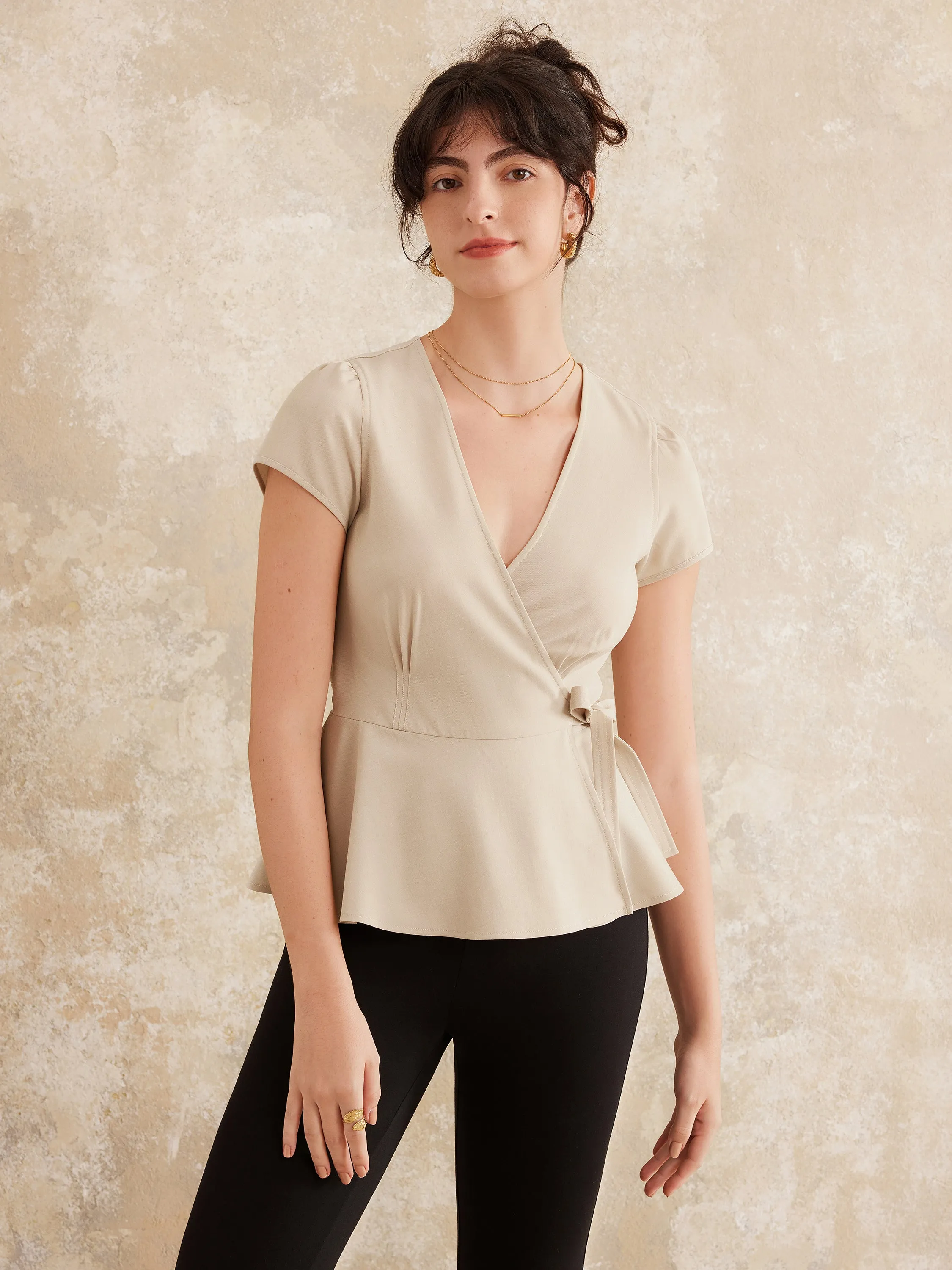 Tencel-Linen Top Wrinkle-Free Wrap Peplum Blouse sold by ogl move
