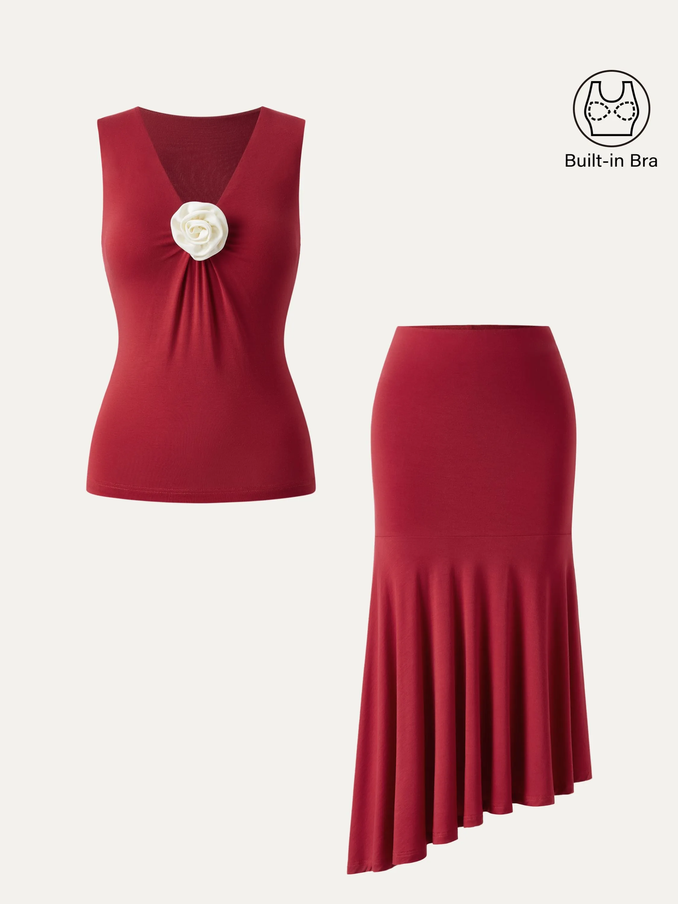 2Pcs Set V-neck Detachable Rose Brami & Midi Pull-on Skirt sold by ogl move product image thumbnail 3