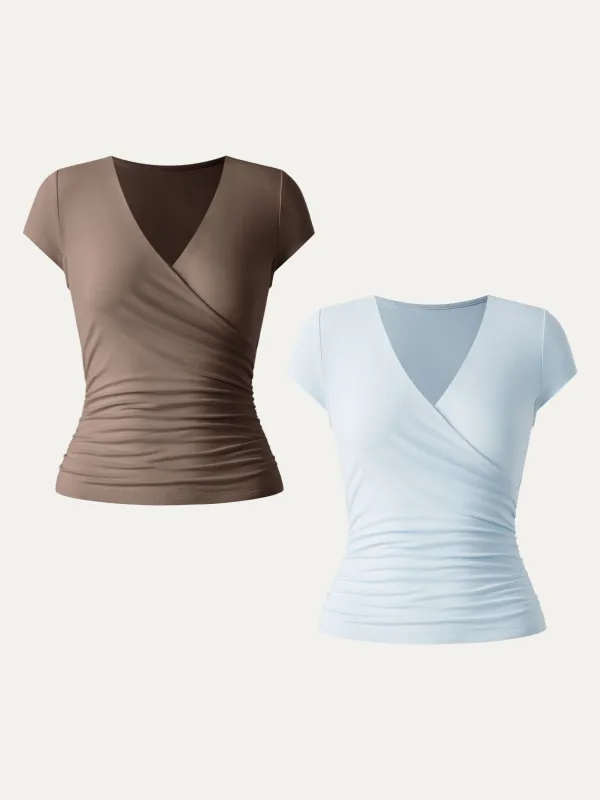 2Pcs Set Surplice Cap Sleeve Side Ruched Fitted Tee sold by ogl move