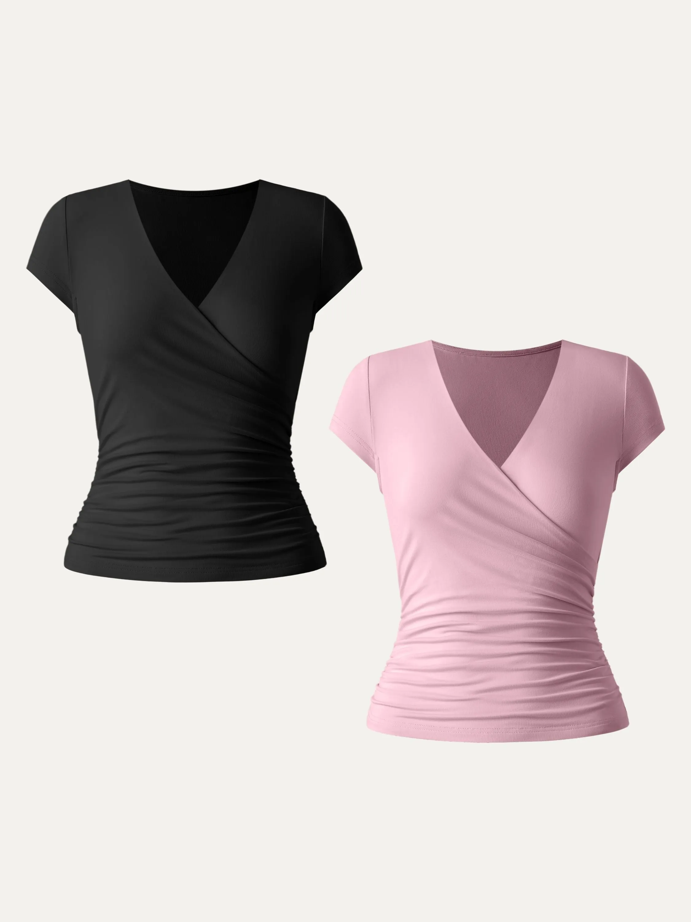 2Pcs Set Surplice Cap Sleeve Side Ruched Fitted Tee sold by ogl move product image thumbnail 5