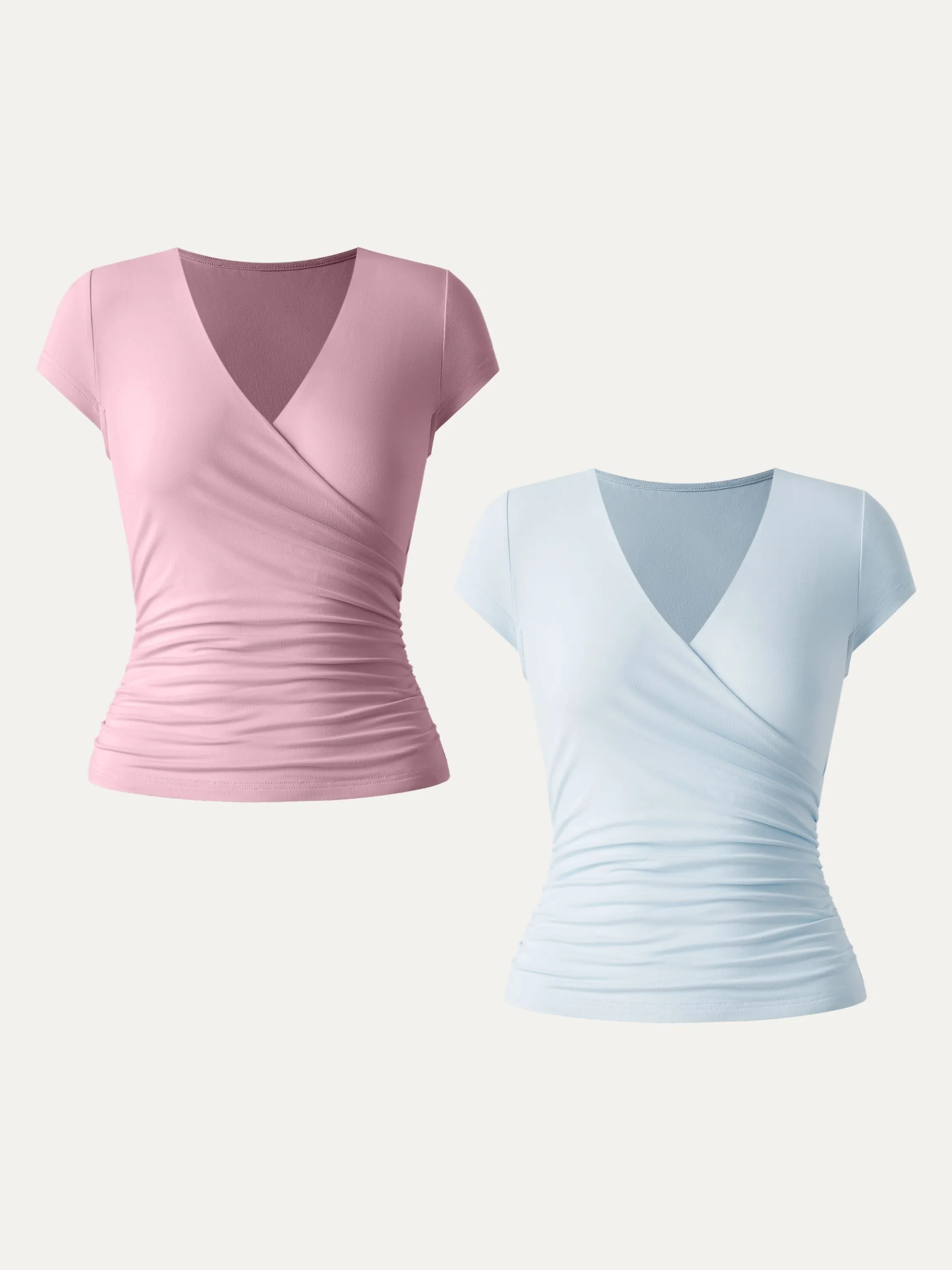 2Pcs Set Surplice Cap Sleeve Side Ruched Fitted Tee sold by ogl move product image thumbnail 2