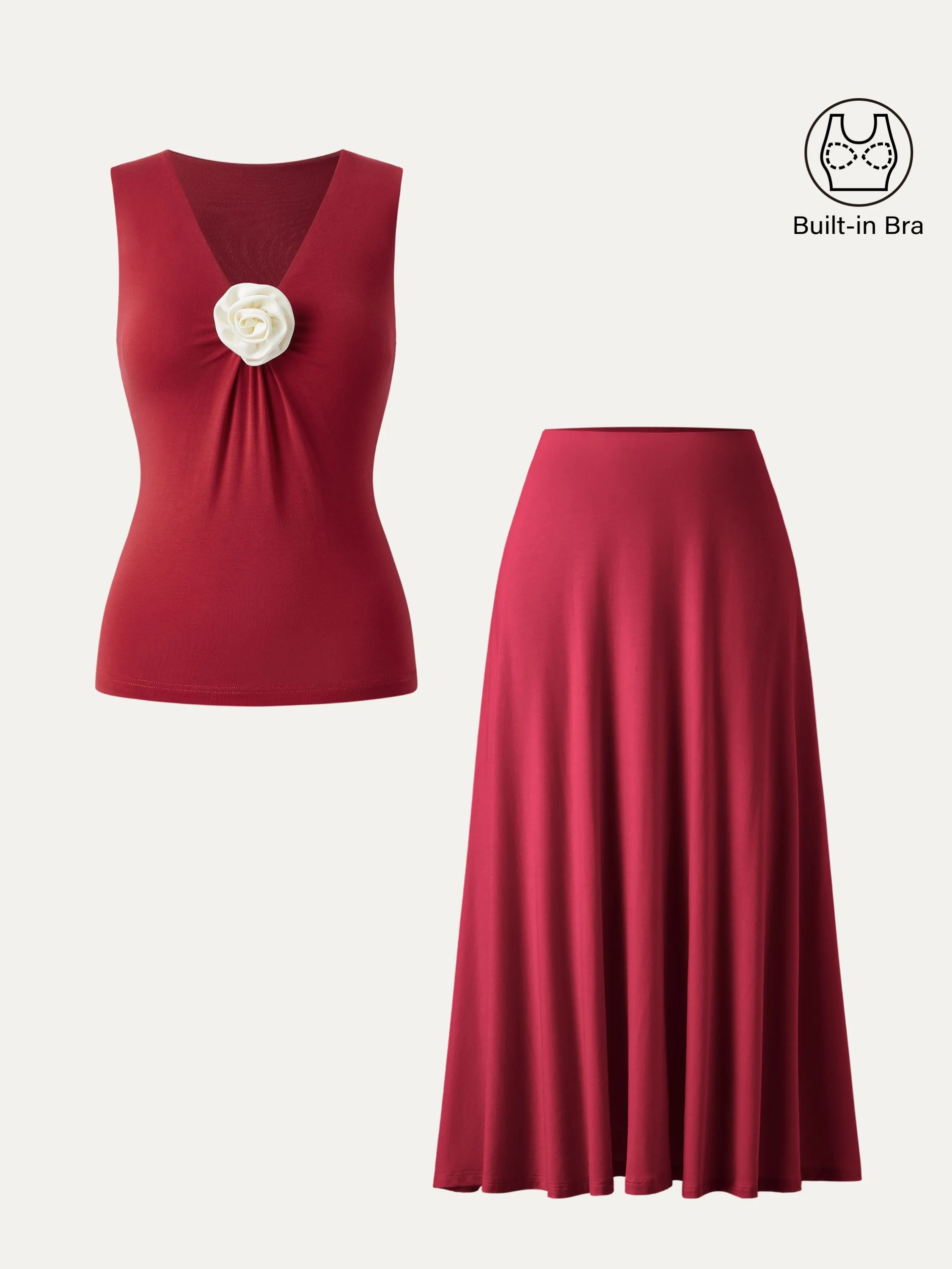 2Pcs Set V-neck Detachable Rose Brami Tank & Flared Maxi Skirt sold by ogl move