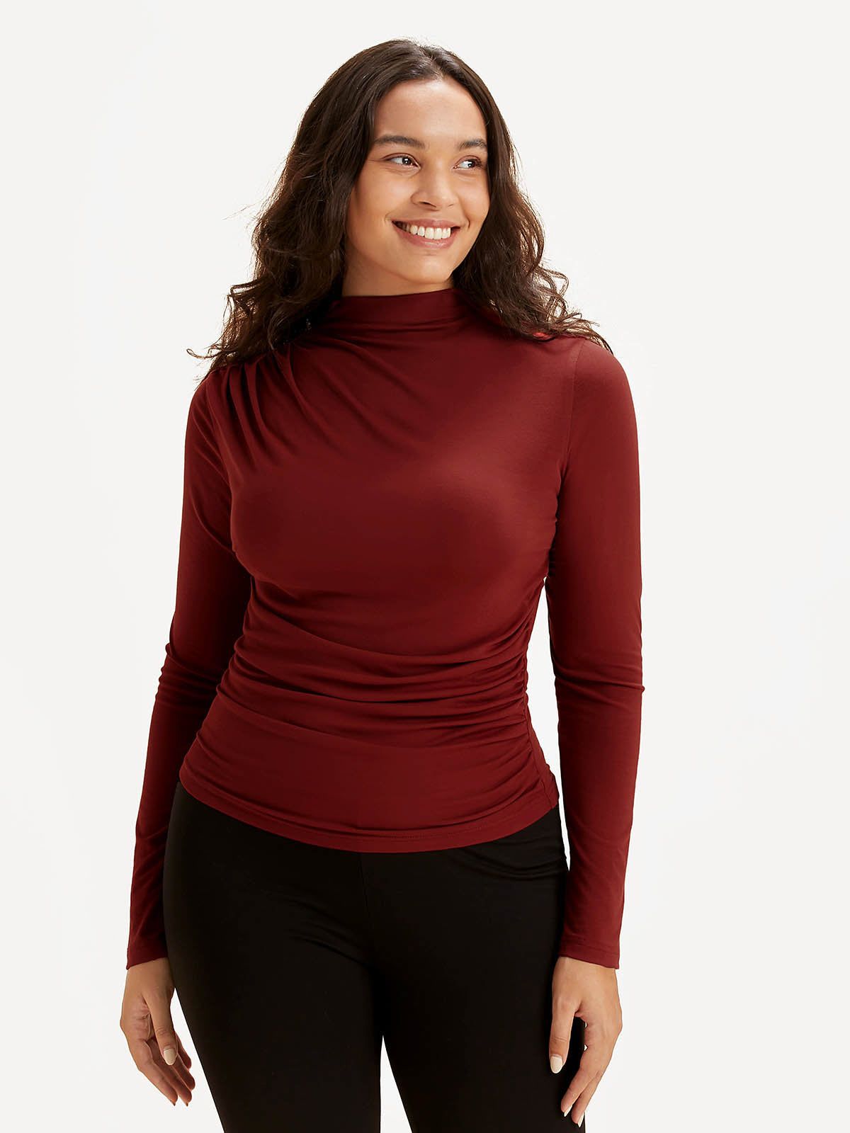 Eco-SkinKiss® Asymmetrical Ruch Mock Neck Top 2Pcs Set sold by ogl move product image thumbnail 5