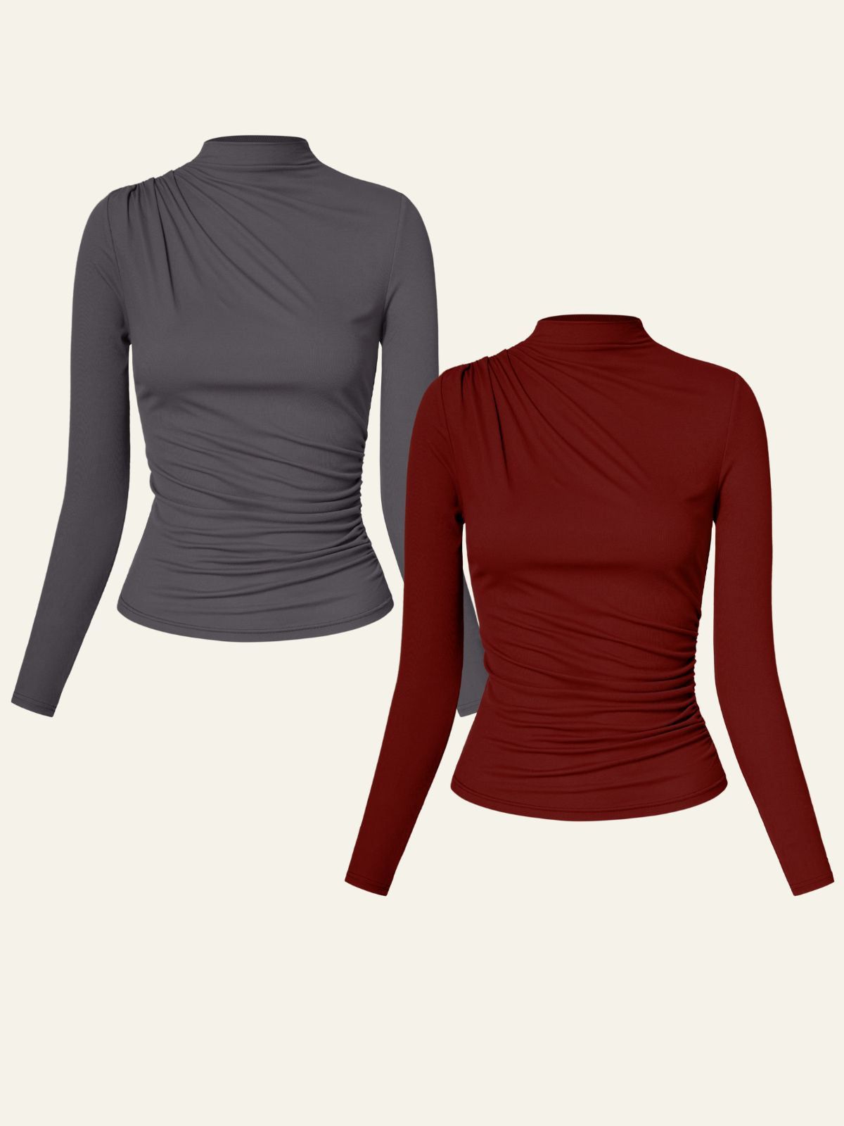 Eco-SkinKiss® Asymmetrical Ruch Mock Neck Top 2Pcs Set sold by ogl move product image thumbnail 2