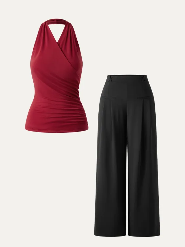 2Pcs Set Surplice Halter Neck Tank & Mid Rise Wide Leg Trouser with Pockets sold by ogl move