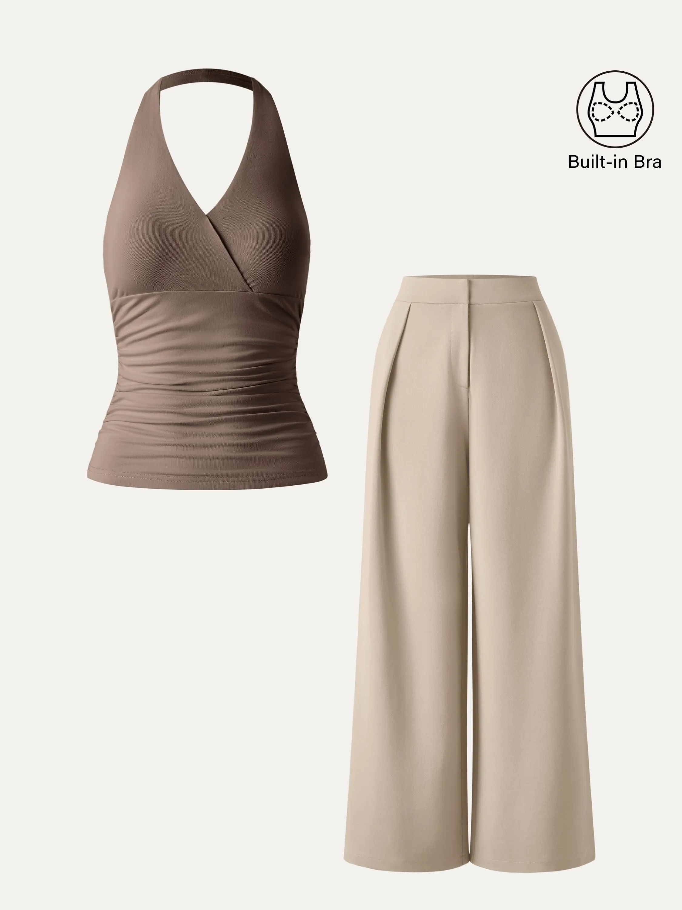 2Pcs Set Halter Neck Brami Tank & Non-sheer Mid Rise Trouser with Pockets sold by ogl move product image thumbnail 5