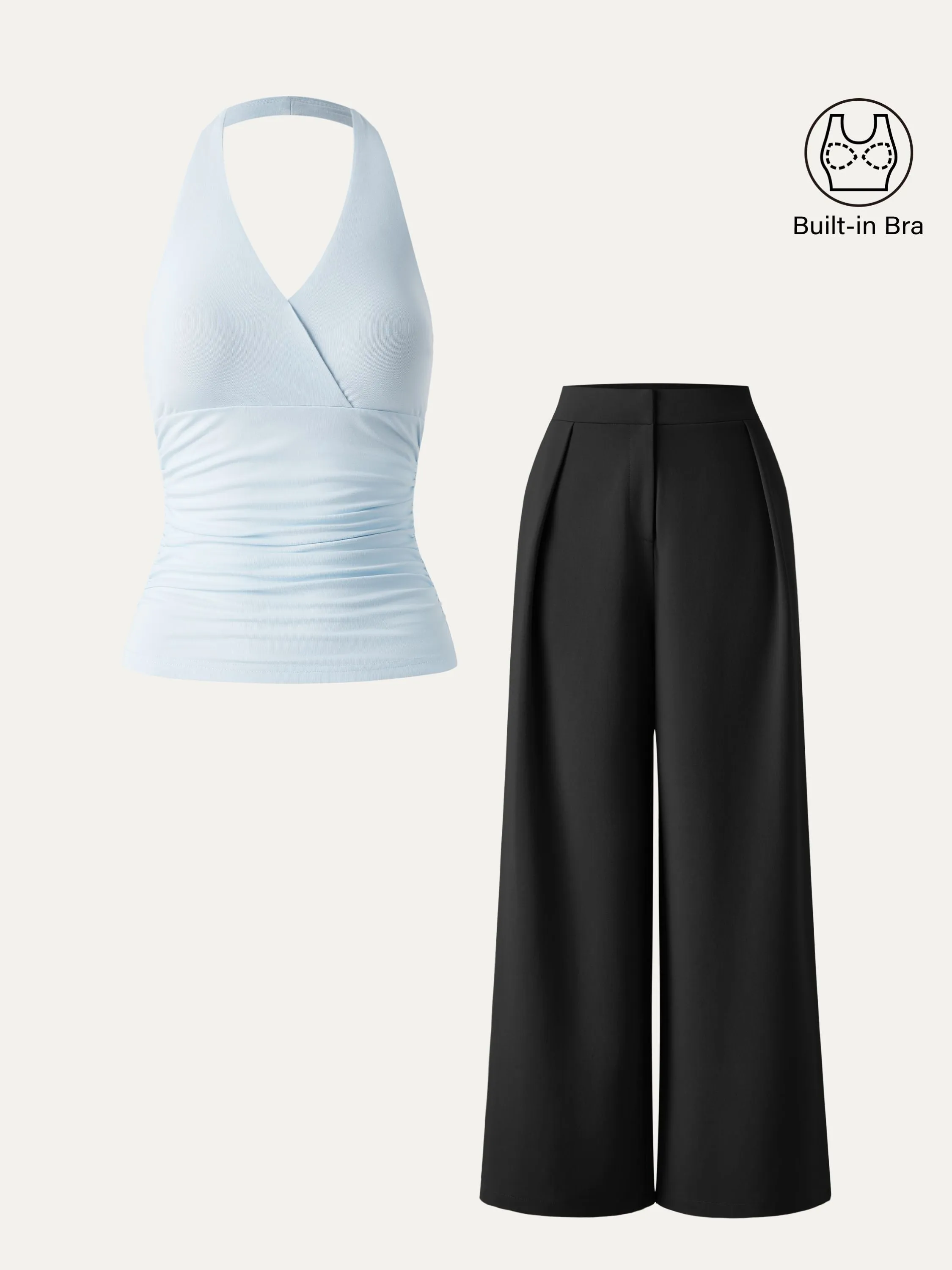 2Pcs Set Halter Neck Brami Tank & Non-sheer Mid Rise Trouser with Pockets sold by ogl move product image thumbnail 3