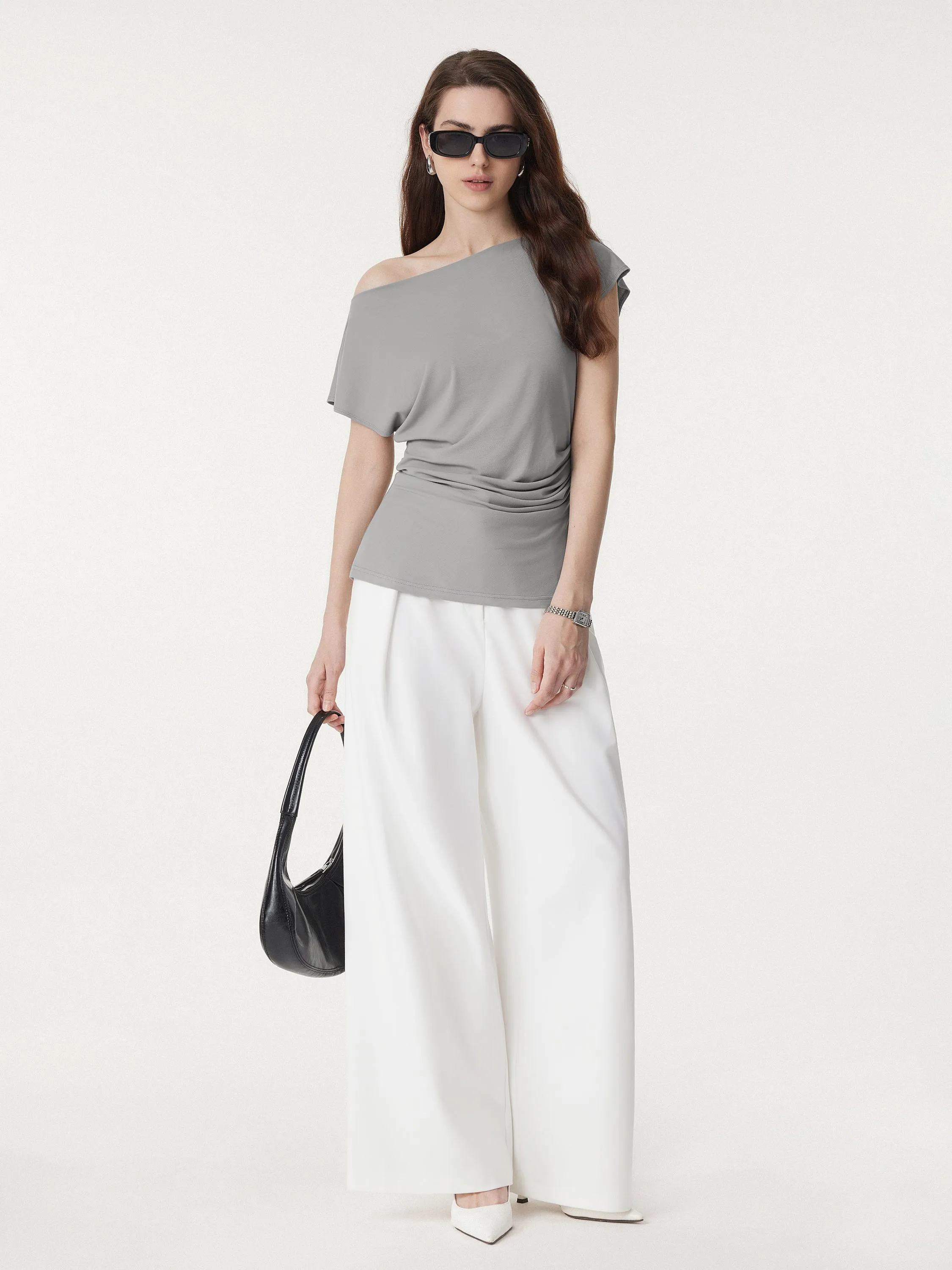 Boatneck Flutter Sleeve Side Tucked Long Tee sold by ogl move product image thumbnail 5