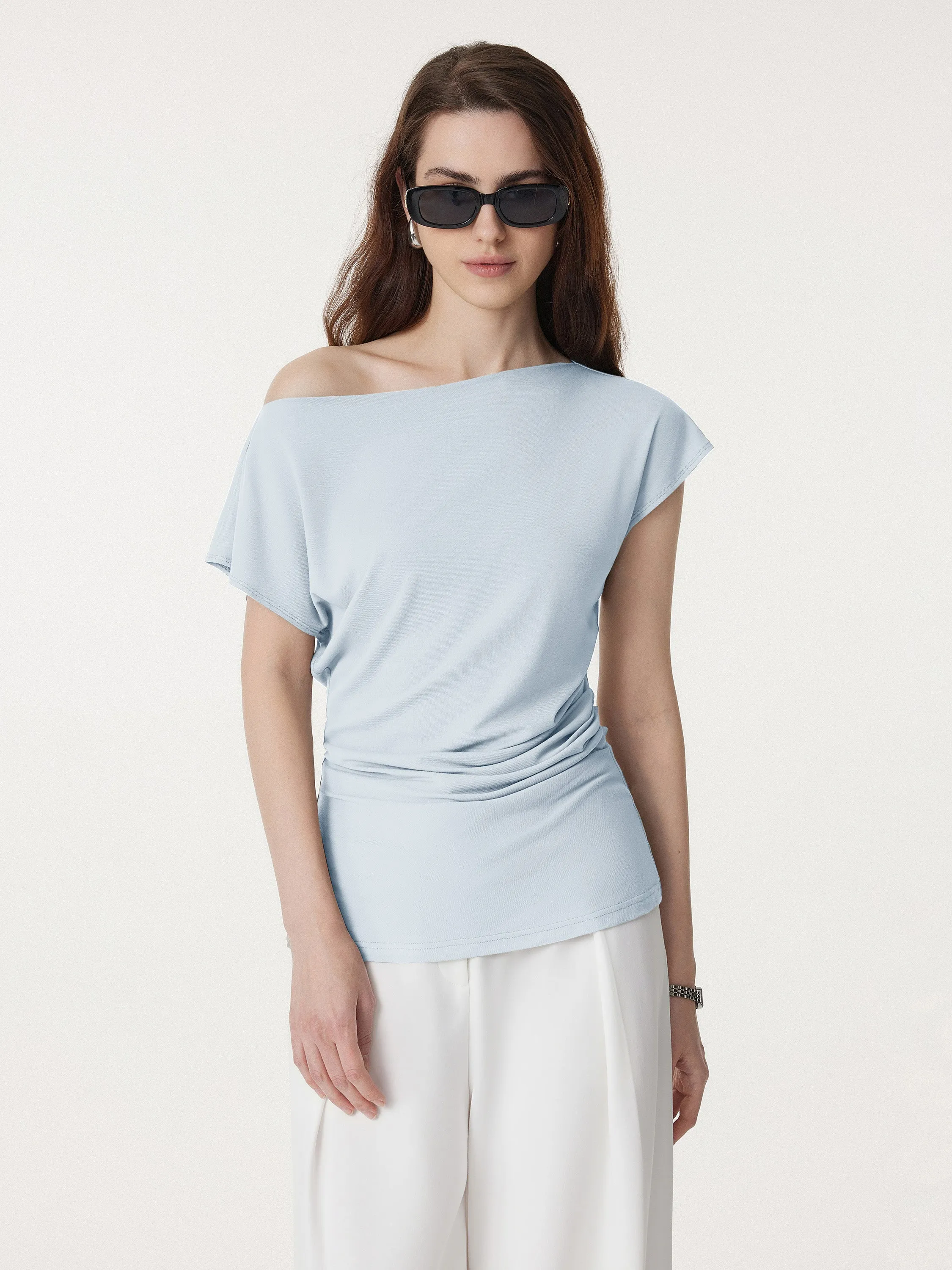 Boatneck Flutter Sleeve Side Tucked Long Tee sold by ogl move product image thumbnail 3