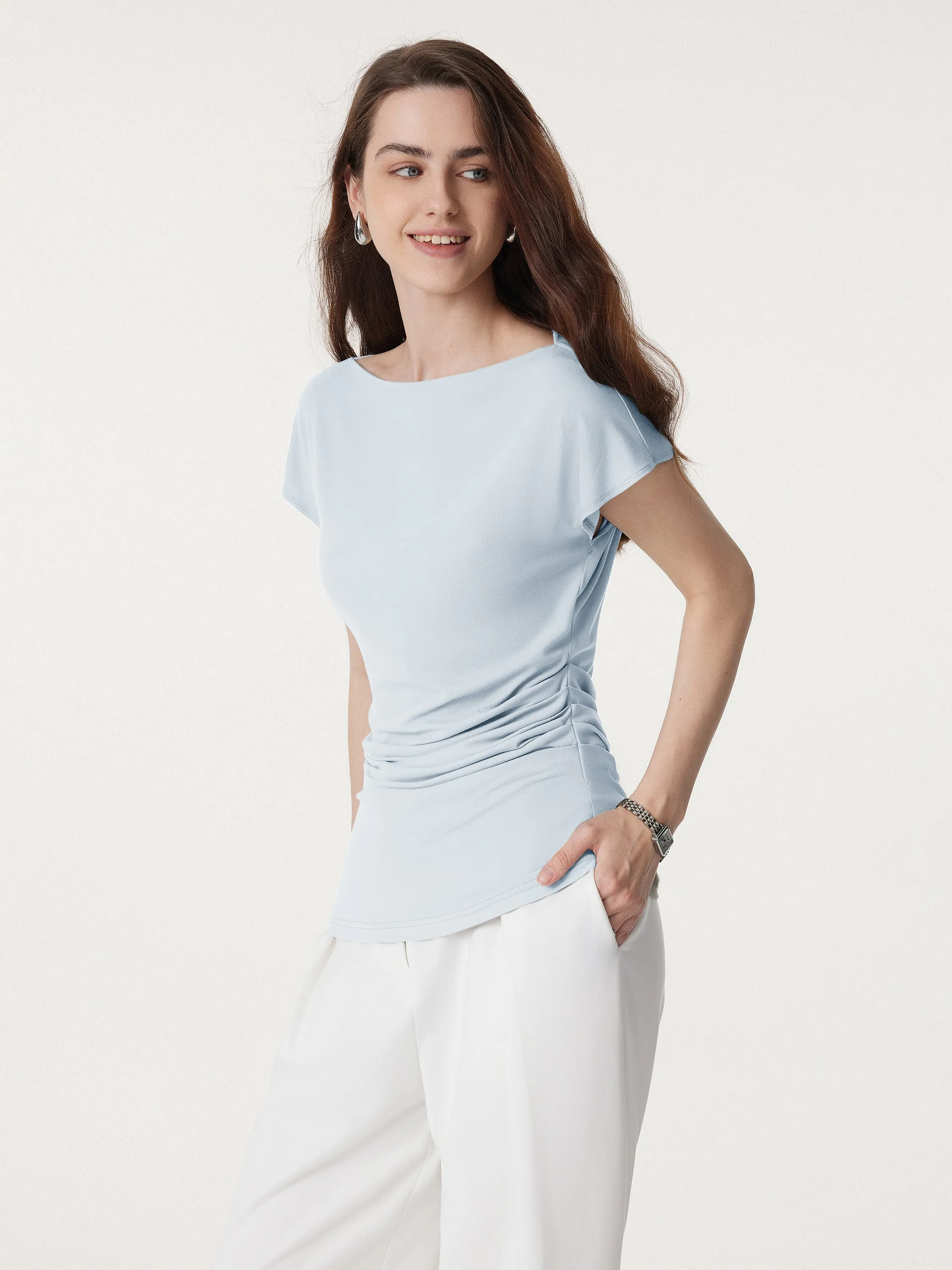 Boatneck Flutter Sleeve Side Tucked Long Tee sold by ogl move