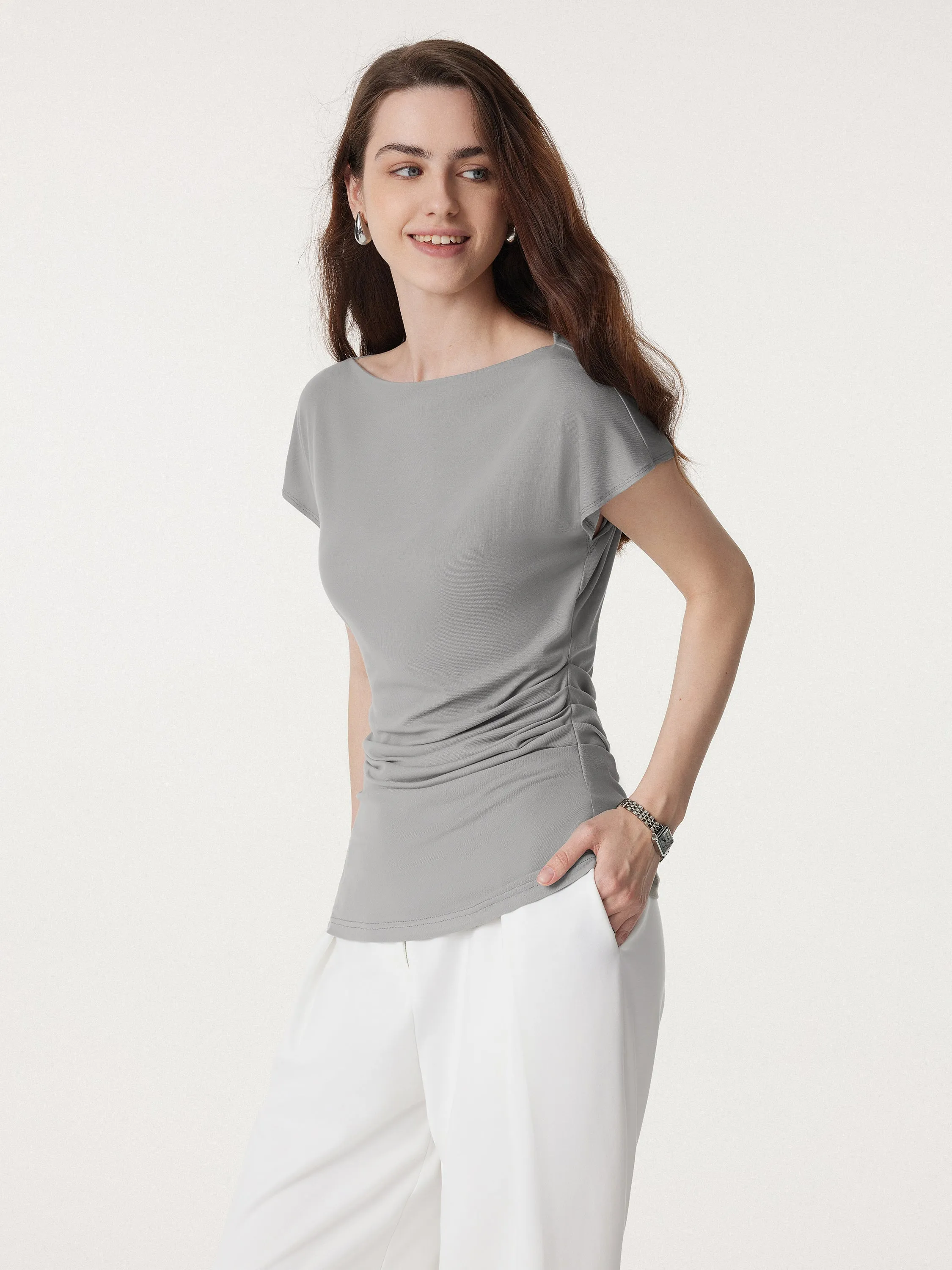 Boatneck Flutter Sleeve Side Tucked Long Tee sold by ogl move product image thumbnail 4