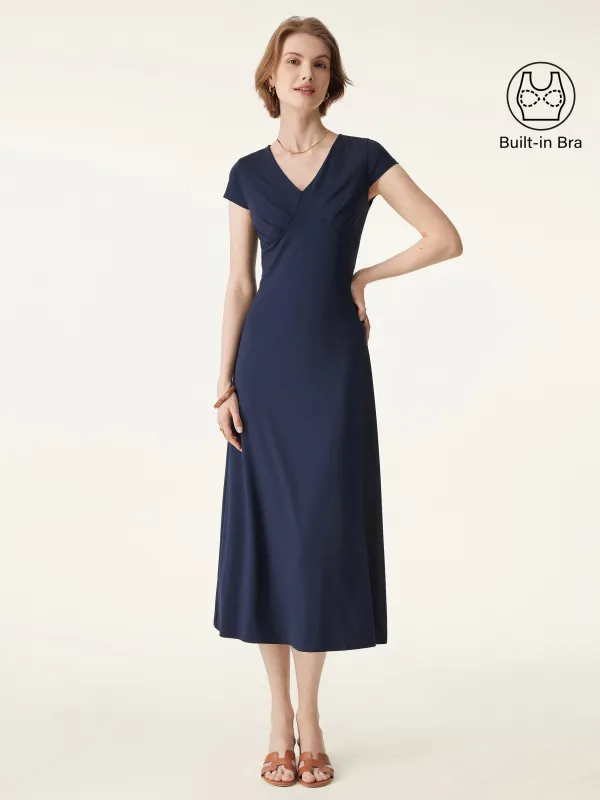 Bamboo Ponte V-neck Short Sleeve Midi Flared Dress sold by ogl move