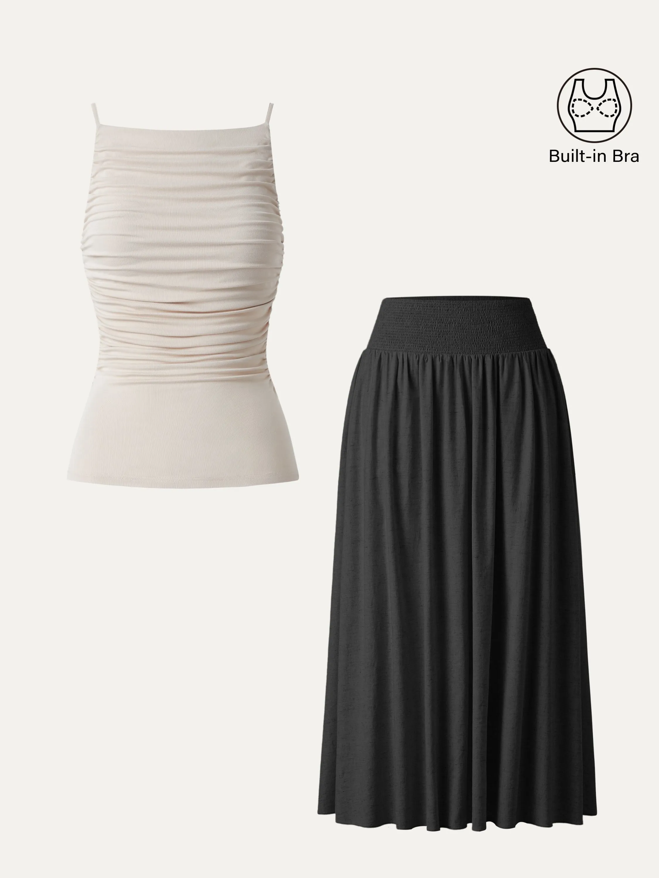 2Pcs Boatneck Ruched Brami Tank & European Linen Smocked Waist Skirt with Pockets sold by ogl move product image thumbnail 3