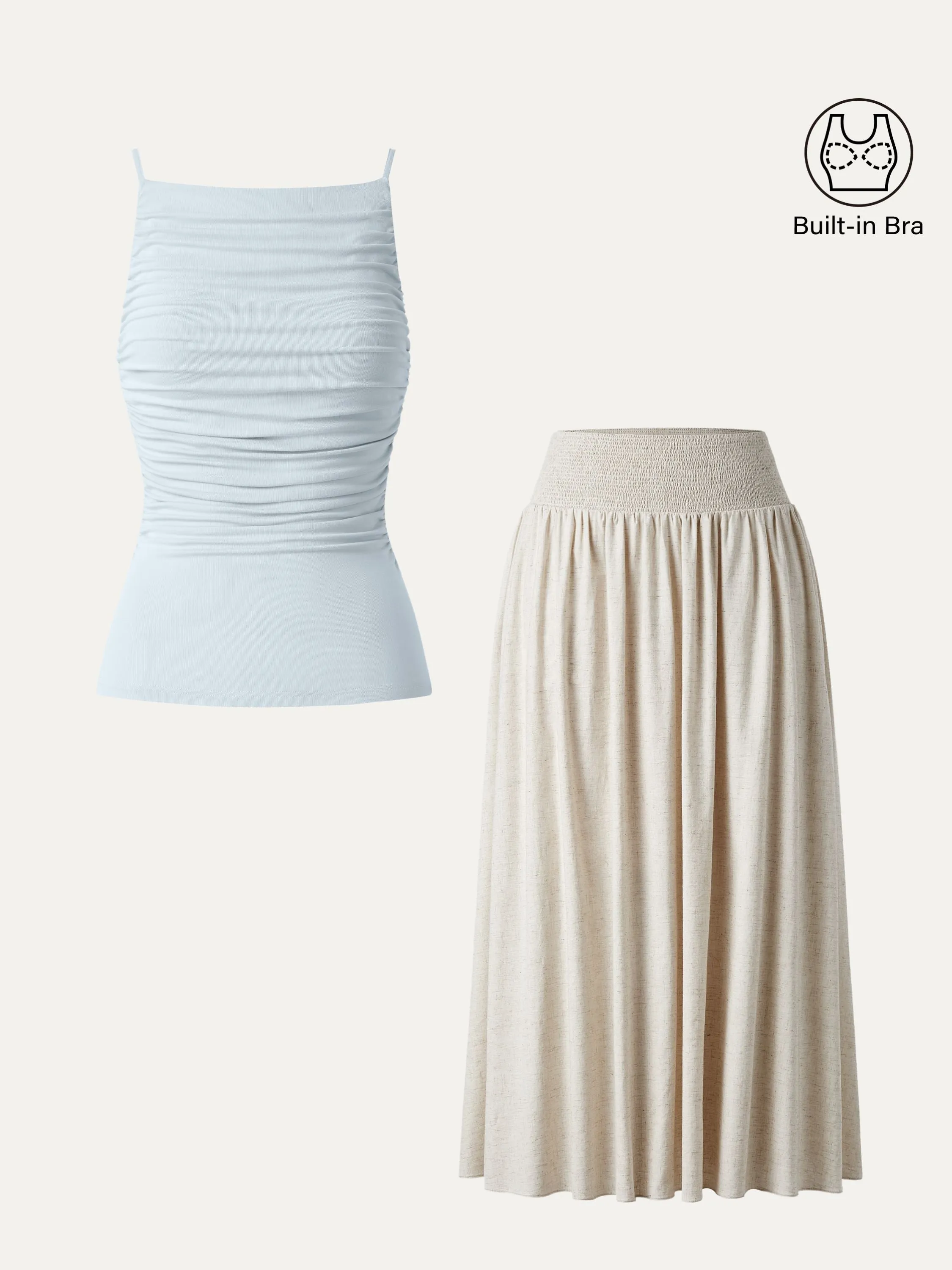 2Pcs Boatneck Ruched Brami Tank & European Linen Smocked Waist Skirt with Pockets sold by ogl move product image thumbnail 2