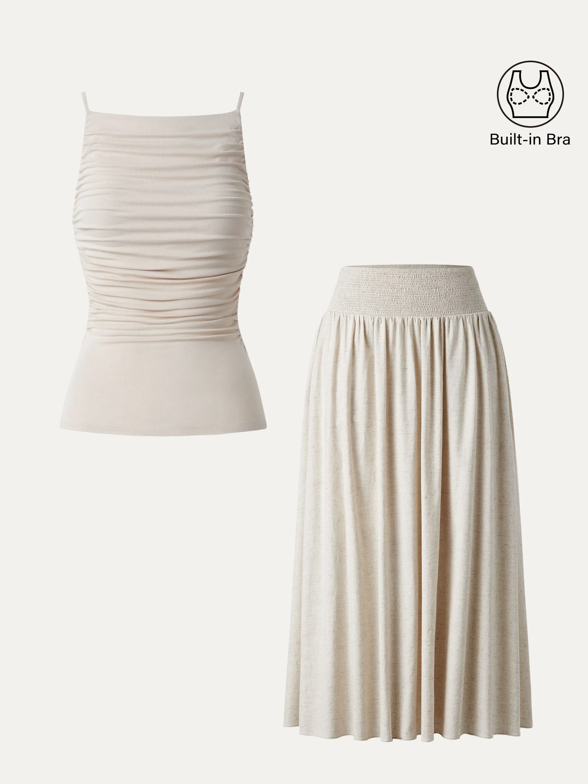 2Pcs Boatneck Ruched Brami Tank & European Linen Smocked Waist Skirt with Pockets sold by ogl move