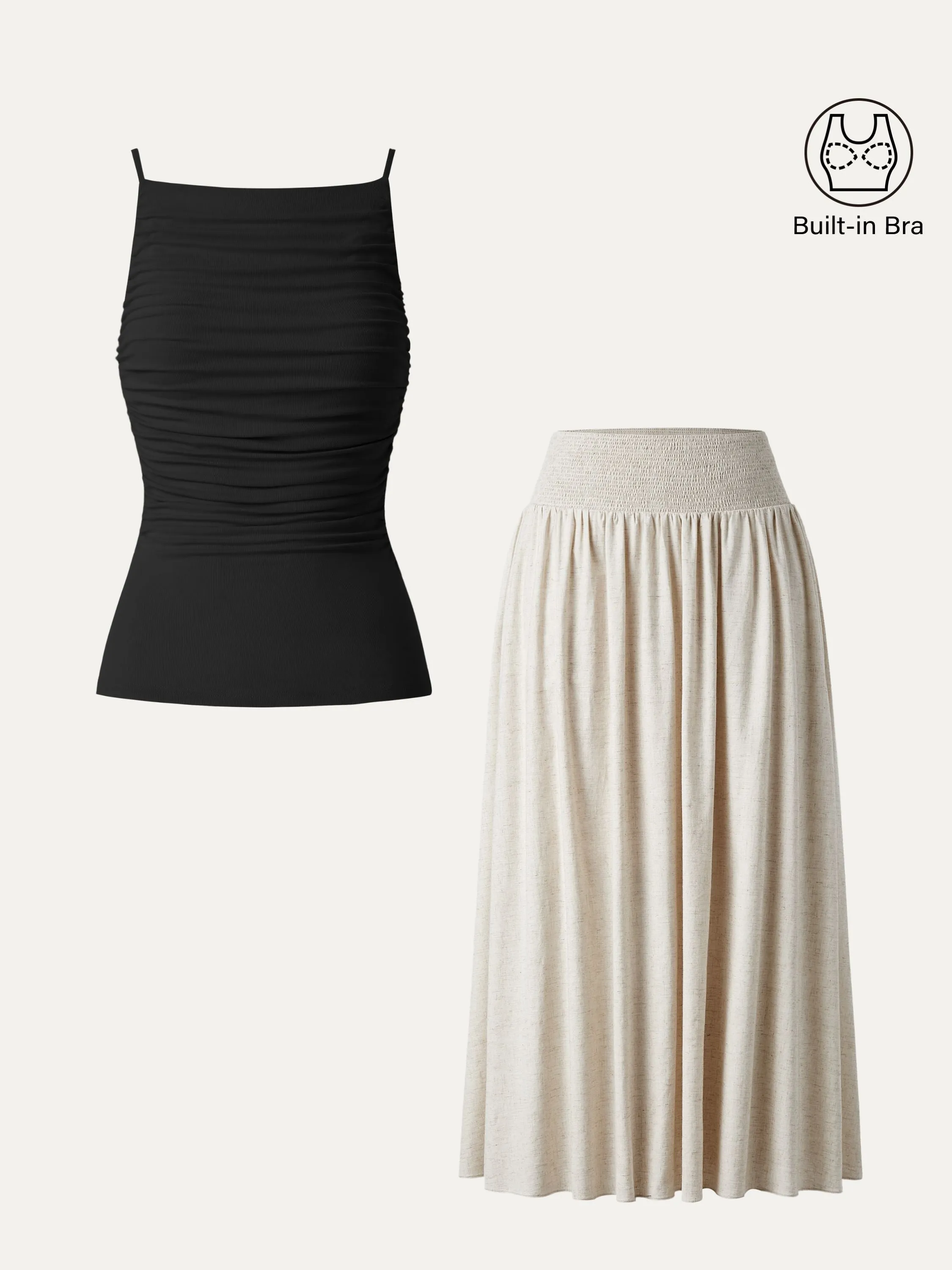 2Pcs Boatneck Ruched Brami Tank & European Linen Smocked Waist Skirt with Pockets sold by ogl move product image thumbnail 4