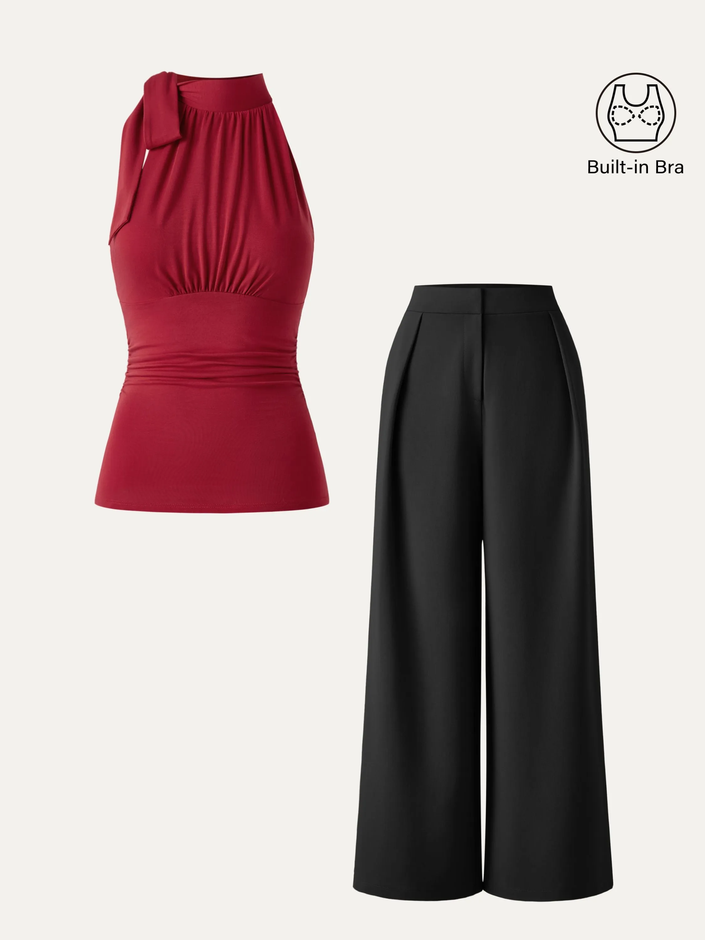 2Pcs Set High Tie Neck Brami Tank & Non-sheer Mid Rise Trouser with Pockets sold by ogl move product image thumbnail 2