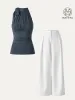 2Pcs Set High Tie Neck Brami Tank & Non-sheer Mid Rise Trouser with Pockets sold by ogl move
