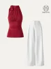 2Pcs Set High Tie Neck Brami Tank & Non-sheer Mid Rise Trouser with Pockets sold by ogl move