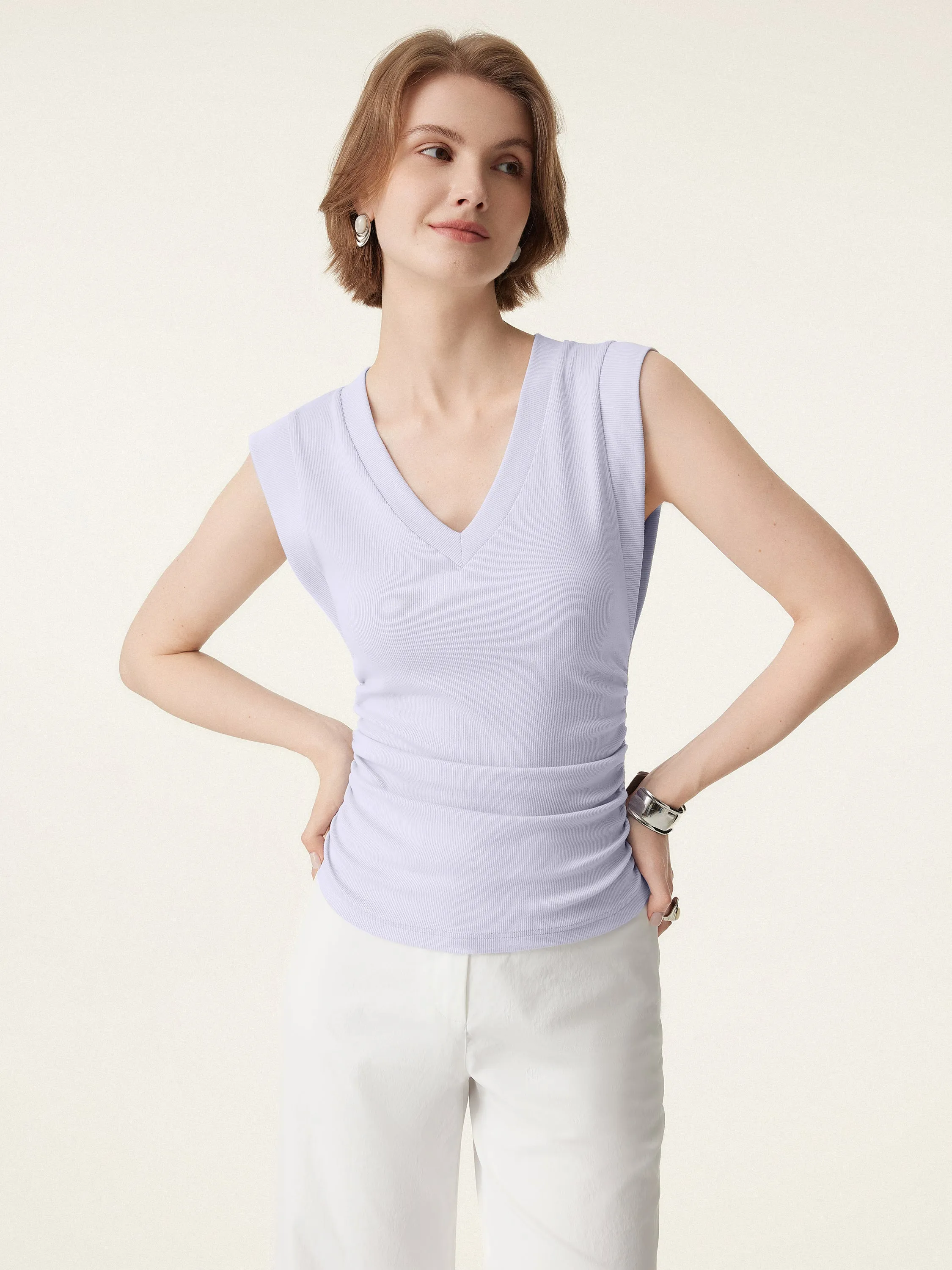 Stretch Cotton V-neck Side Ruched Muscle Brami Top sold by OGLmove