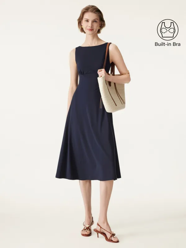 Boatneck Flared Midi Brami Dress with Pockets sold by ogl move