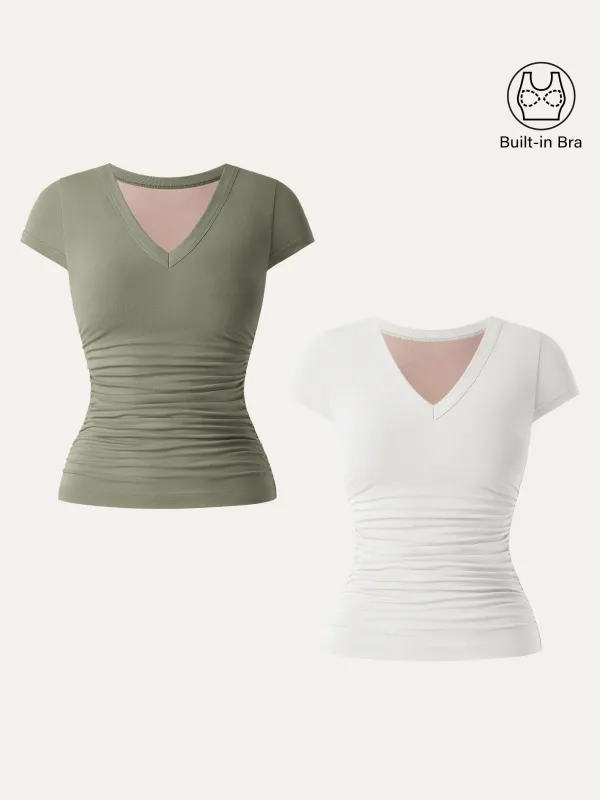 2Pcs Set Elevated V-neck Side Ruched Cap Sleeve Brami Tee sold by ogl move
