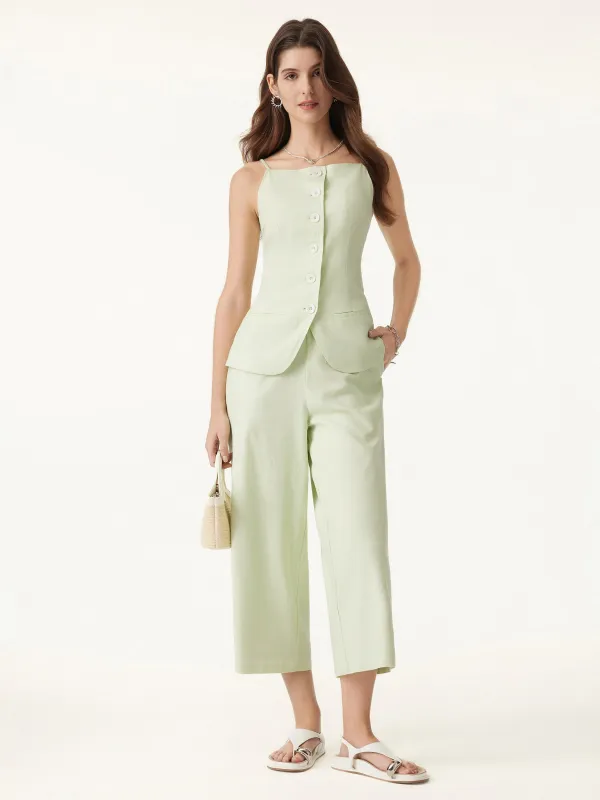 2Pcs Set European Linen Tailored Waistcoat & Cropped Wide Leg Pant sold by ogl move