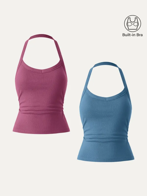 2Pcs Set Halter Neck Side Ruched Ribbed Brami Tank sold by ogl move