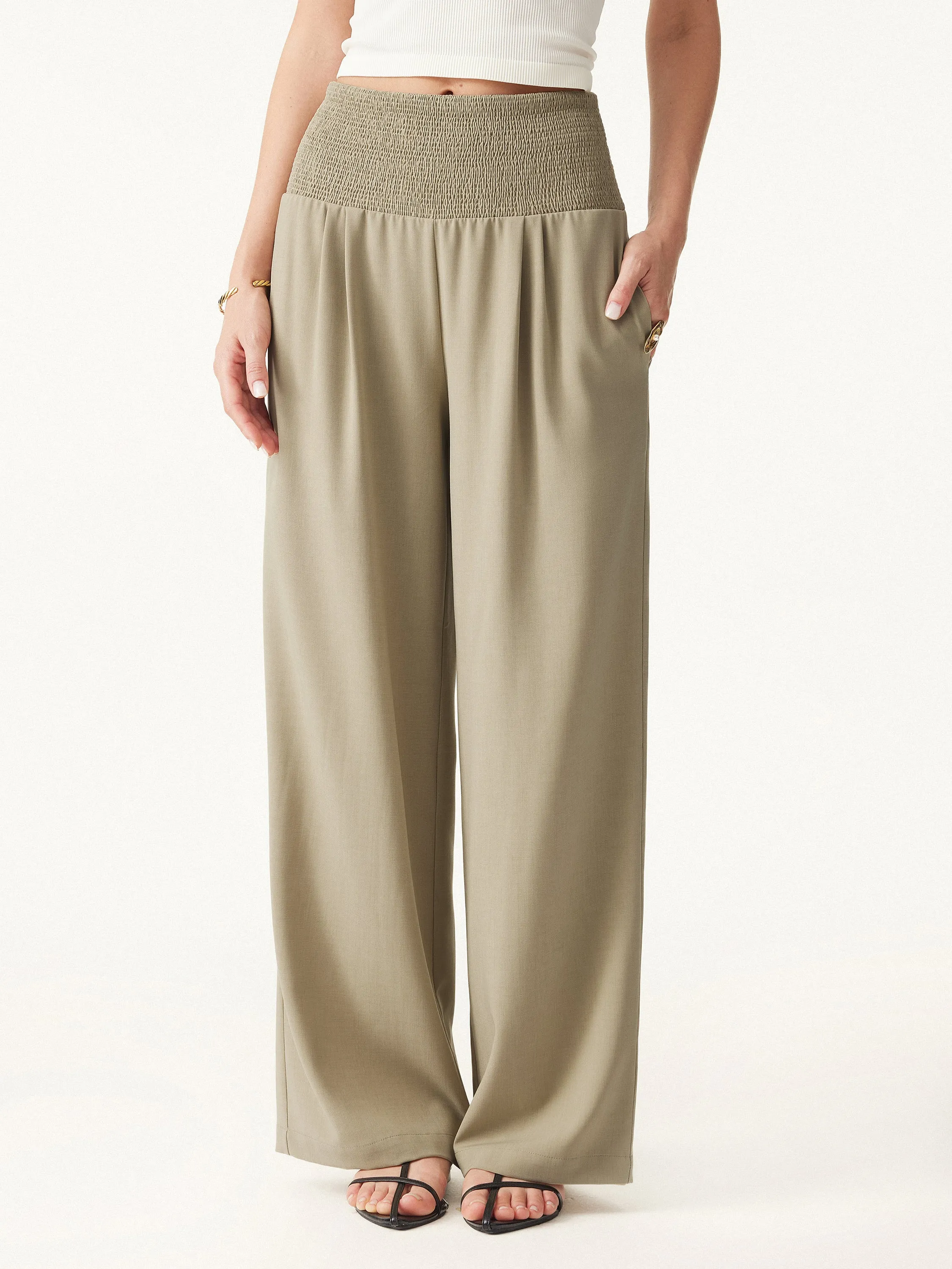 Wrinkle-resistant Tencel-linen Mid Rise Smocked Wide Leg Pant with Pockets sold by ogl move