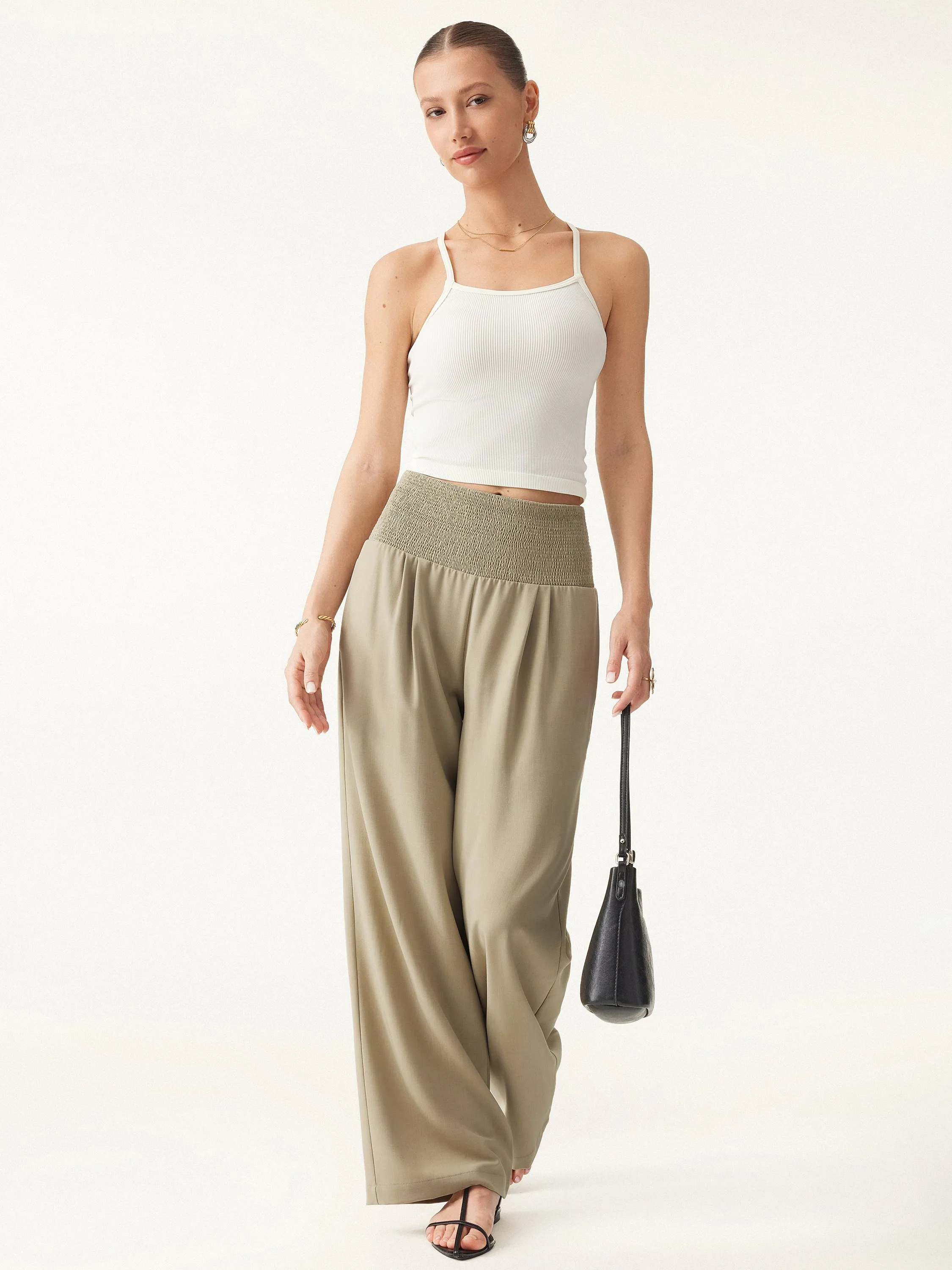 Wrinkle-resistant Tencel-linen Mid Rise Smocked Wide Leg Pant with Pockets sold by ogl move product image thumbnail 3