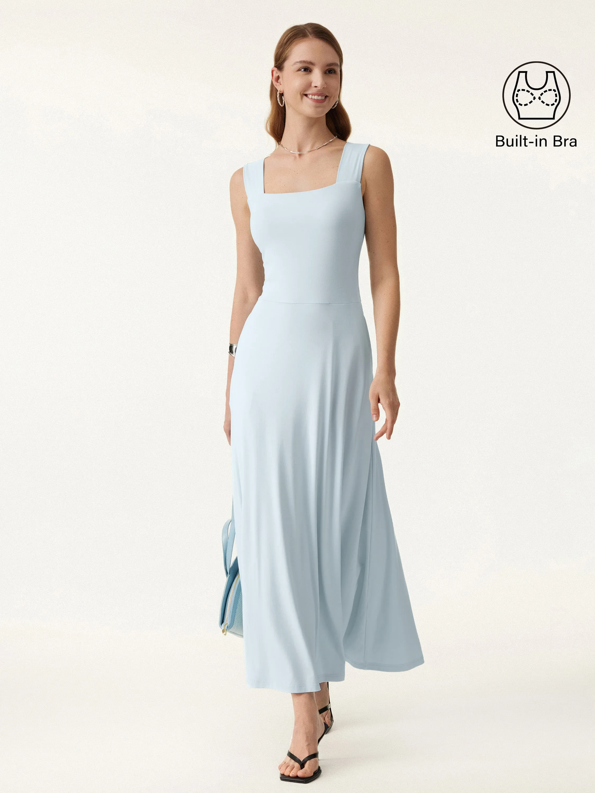 Flowy Square Neck Wide Straps Midi Brami Dress with Pockets sold by OGLmove product image thumbnail 4