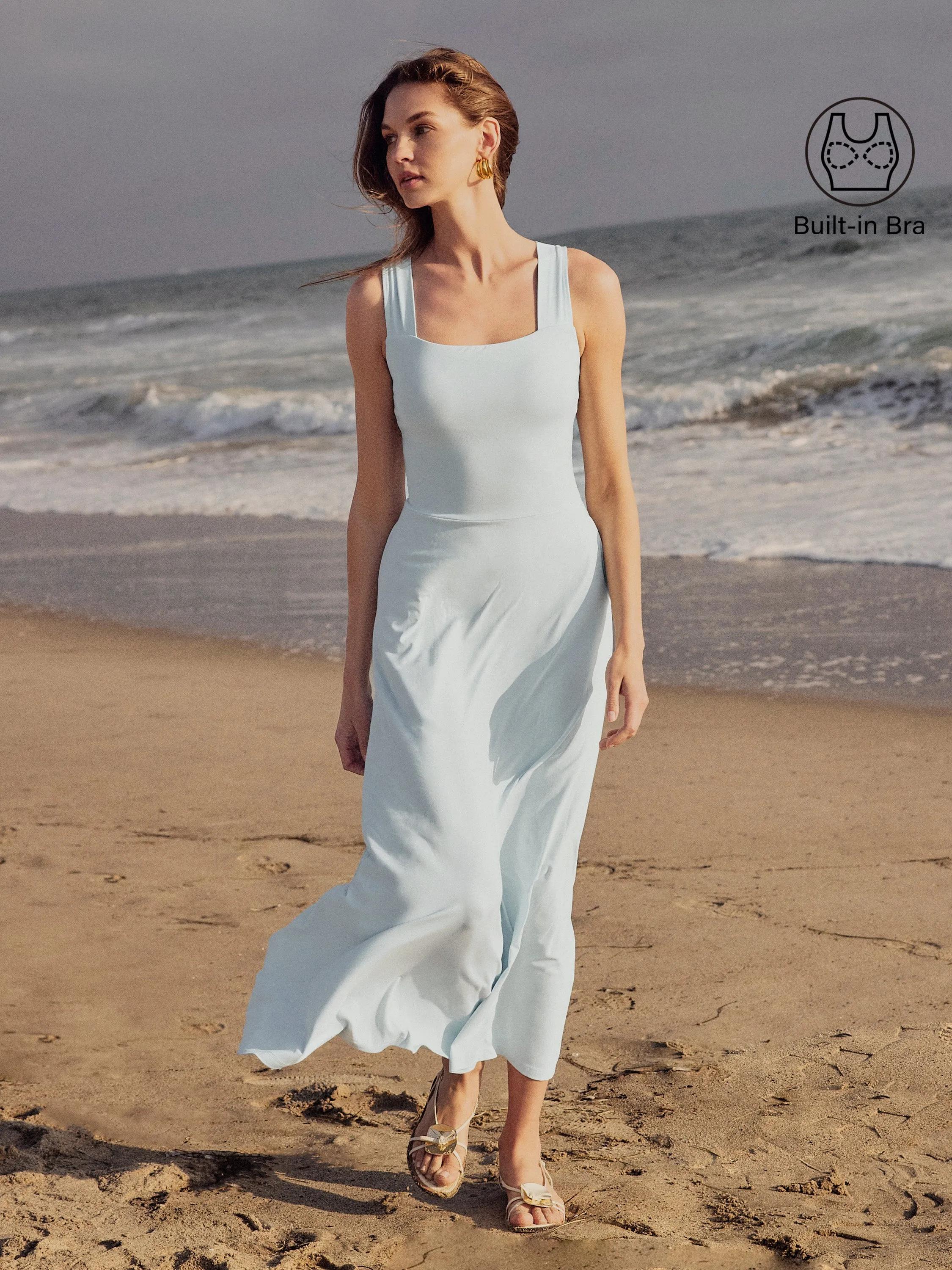 Flowy Square Neck Wide Straps Midi Brami Dress with Pockets sold by OGLmove