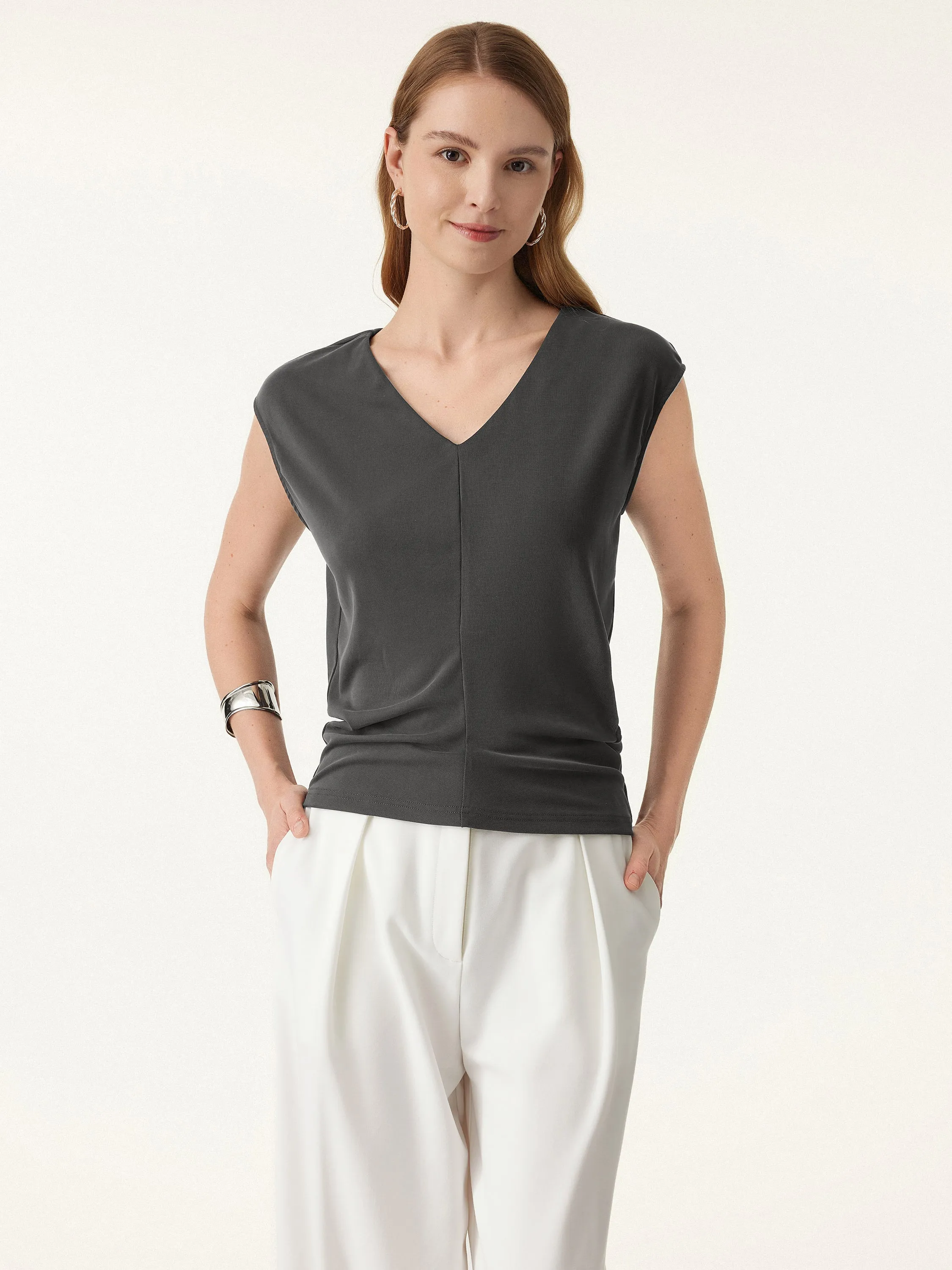 Sandwashed V-neck Cap Sleeve Top sold by OGLmove
